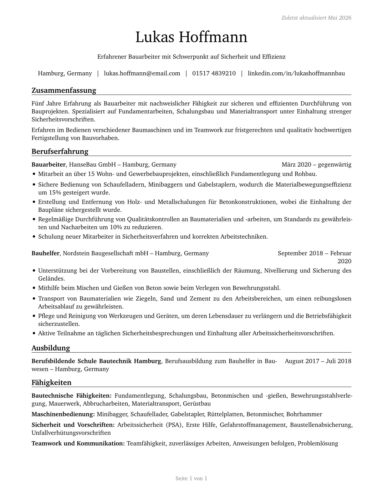 Construction Laborers CV in German — page 1