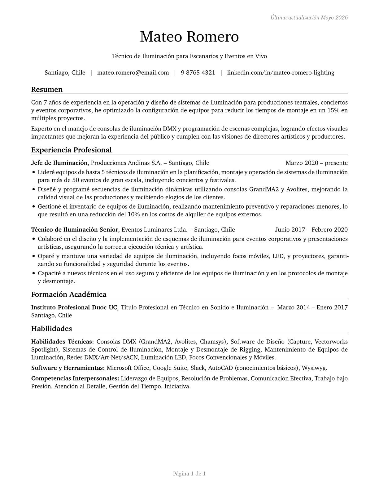Lighting Technicians CV in Spanish — page 1