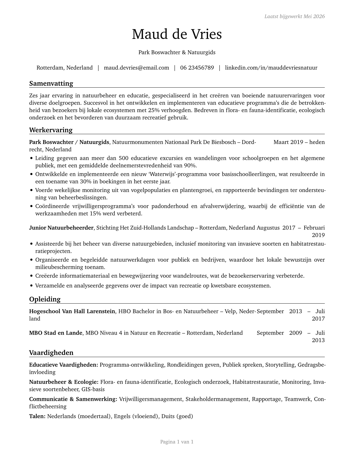 Park Naturalists CV in Dutch — page 1