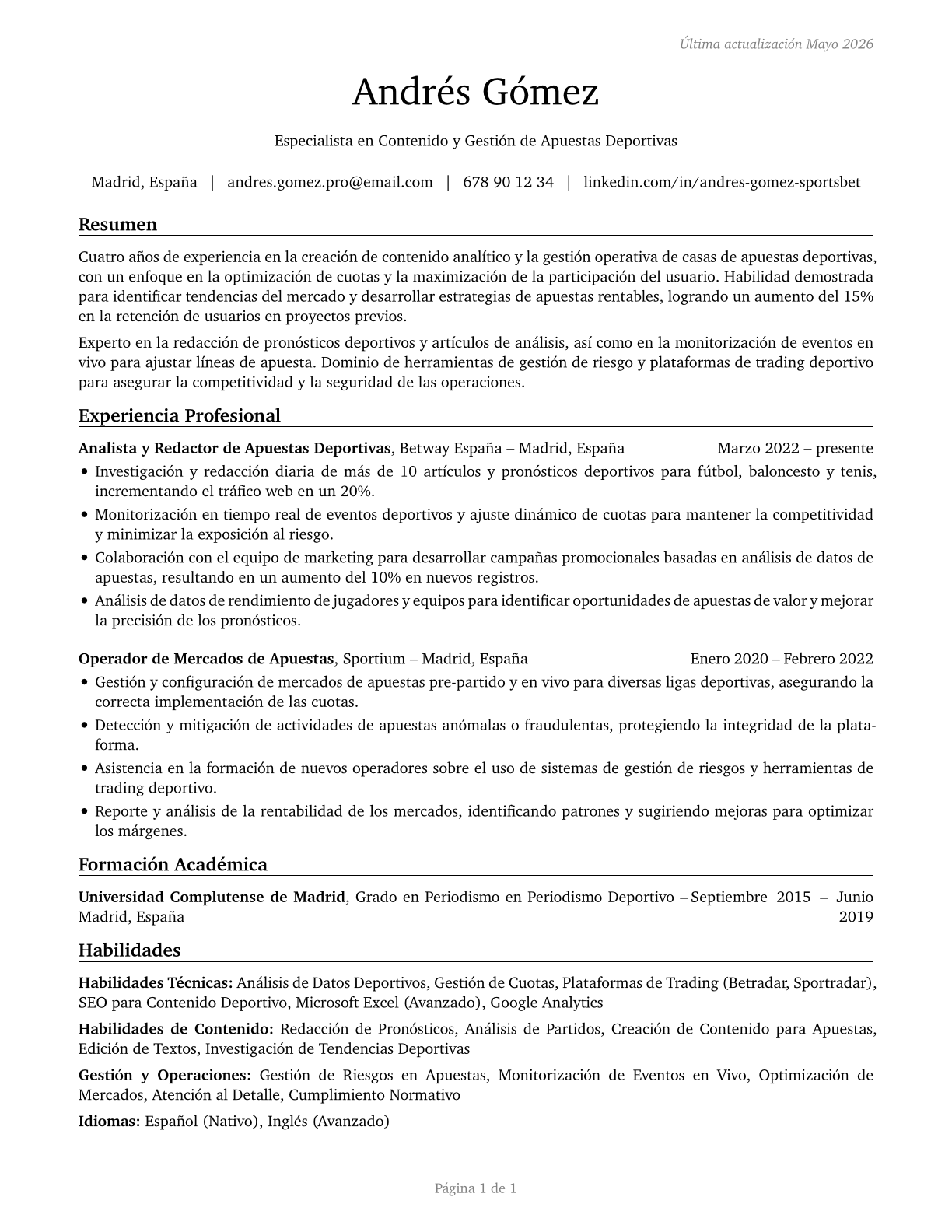 Gambling and Sports Book Writers and Runners CV in Spanish — page 1