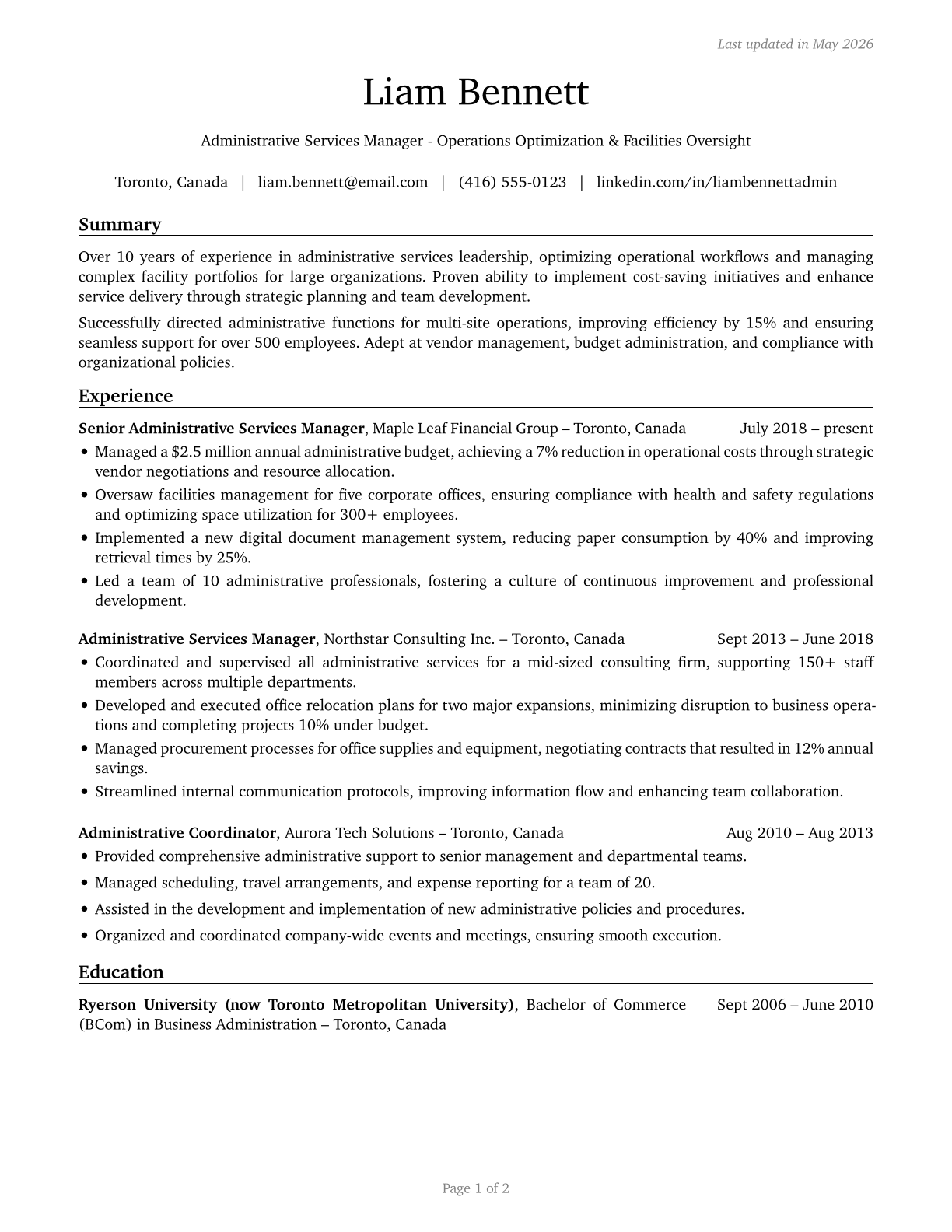 Administrative Services Managers CV in English — page 1