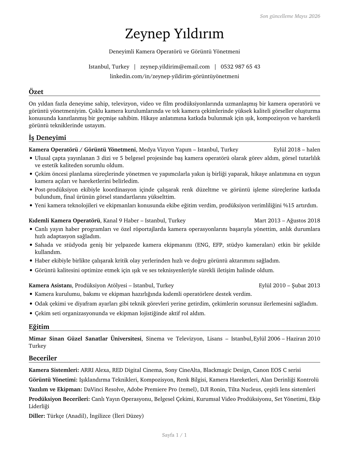 Camera Operators, Television, Video, and Film CV in Turkish — page 1