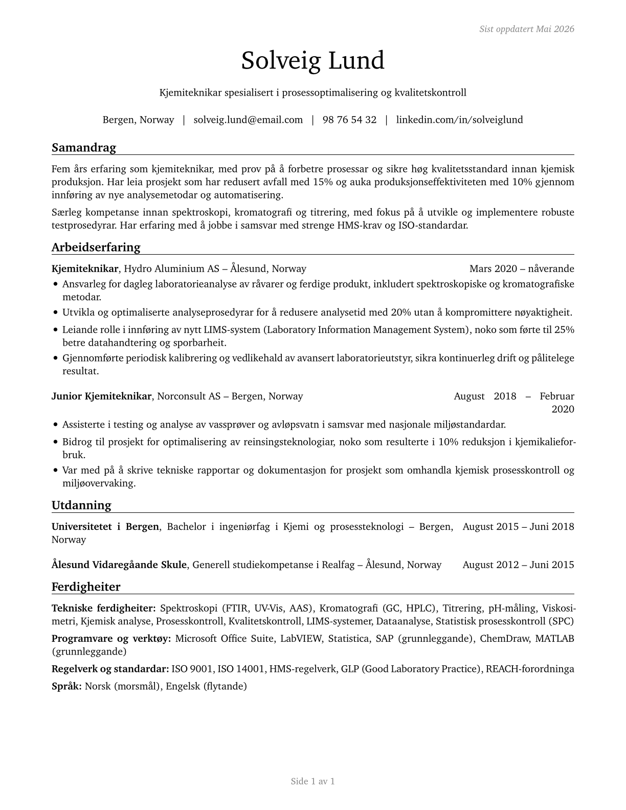 Chemical Technicians CV in Norwegian_nynorsk — page 1