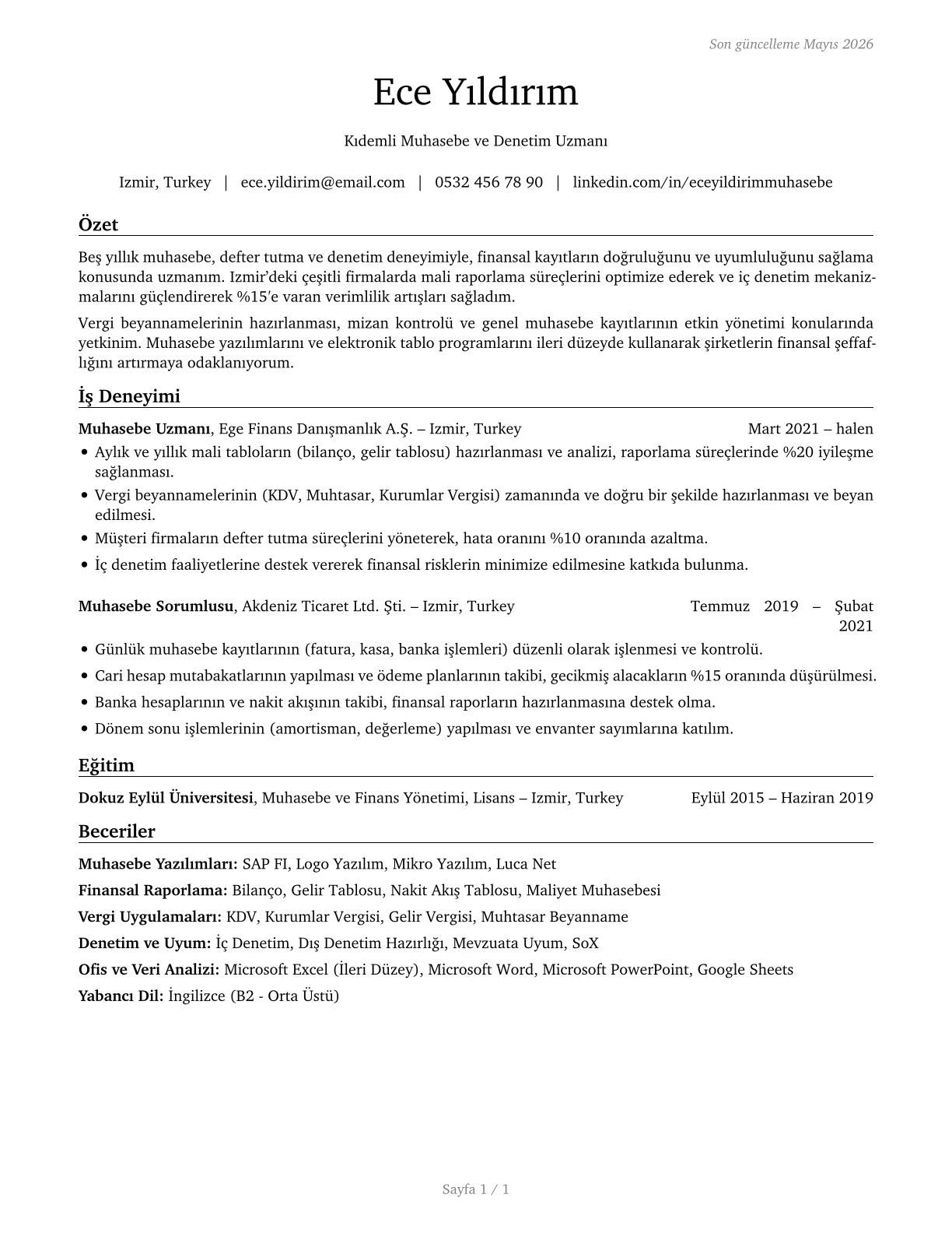 Bookkeeping, Accounting, and Auditing Clerks CV in Turkish — page 1