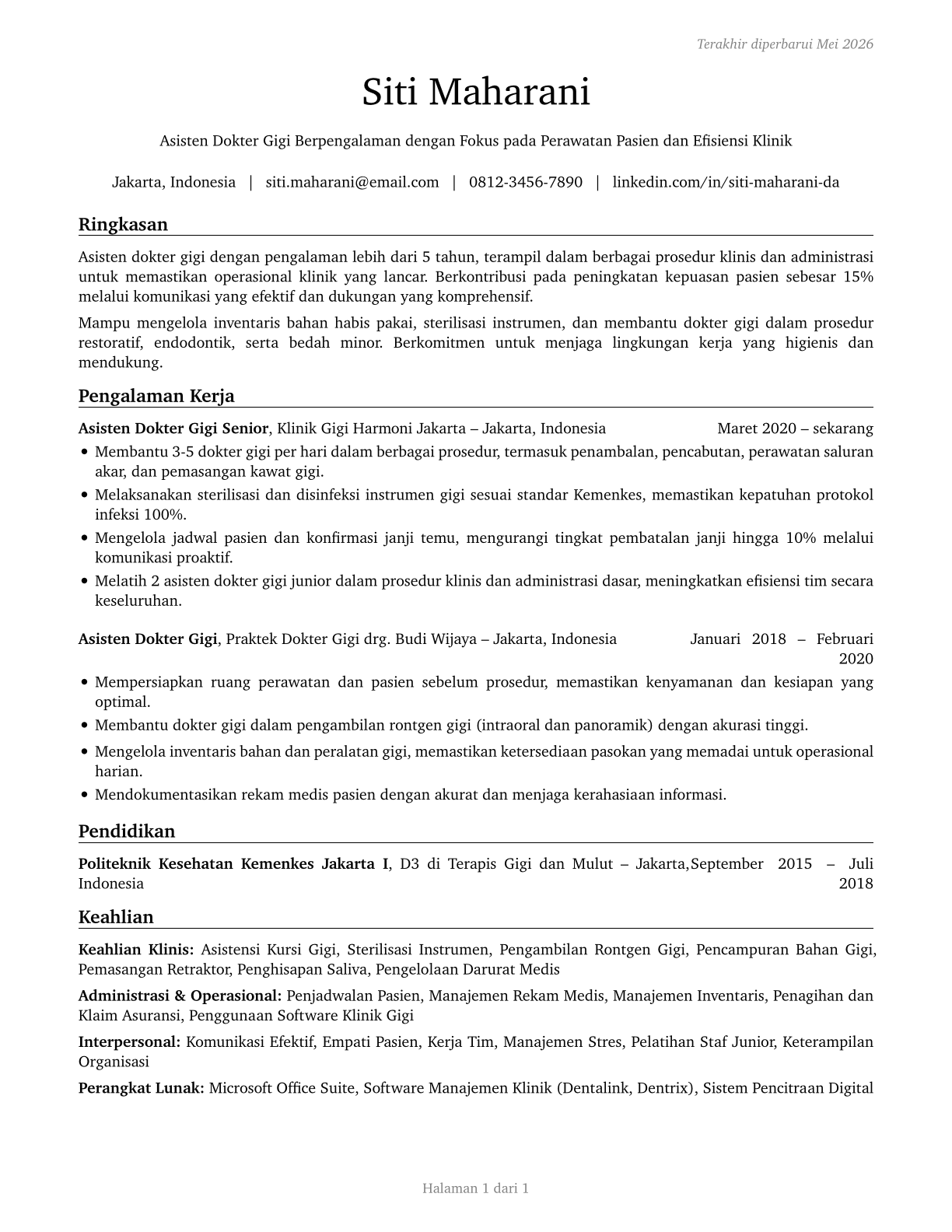 Dental Assistants CV in Indonesian — page 1