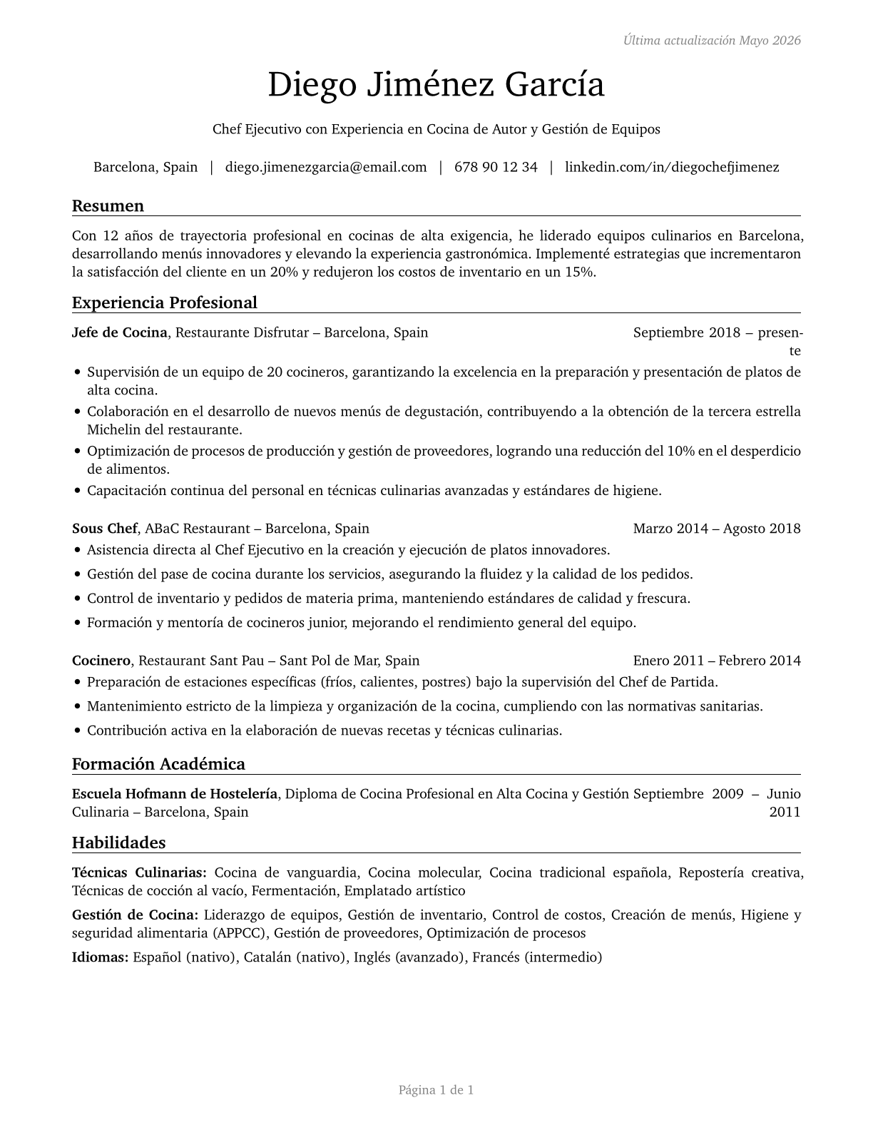 Chefs and Head Cooks CV in Spanish — page 1