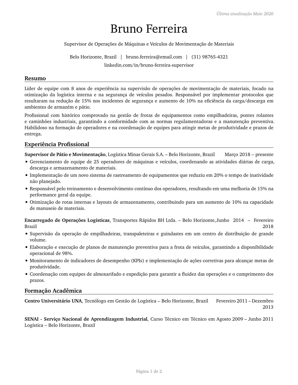 First-Line Supervisors of Material-Moving Machine and Vehicle Operators CV in Portuguese — page 1