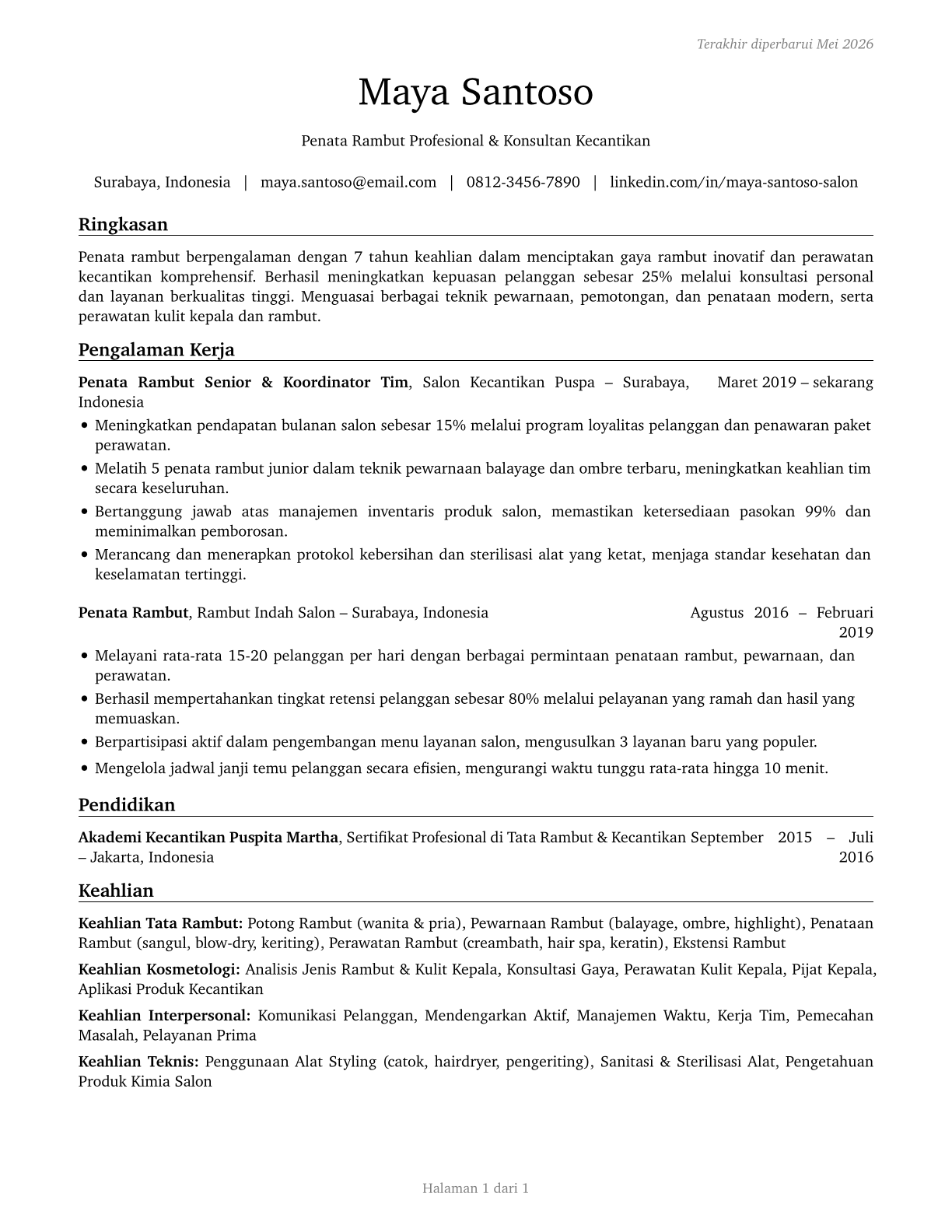 Hairdressers, Hairstylists, and Cosmetologists CV in Indonesian — page 1