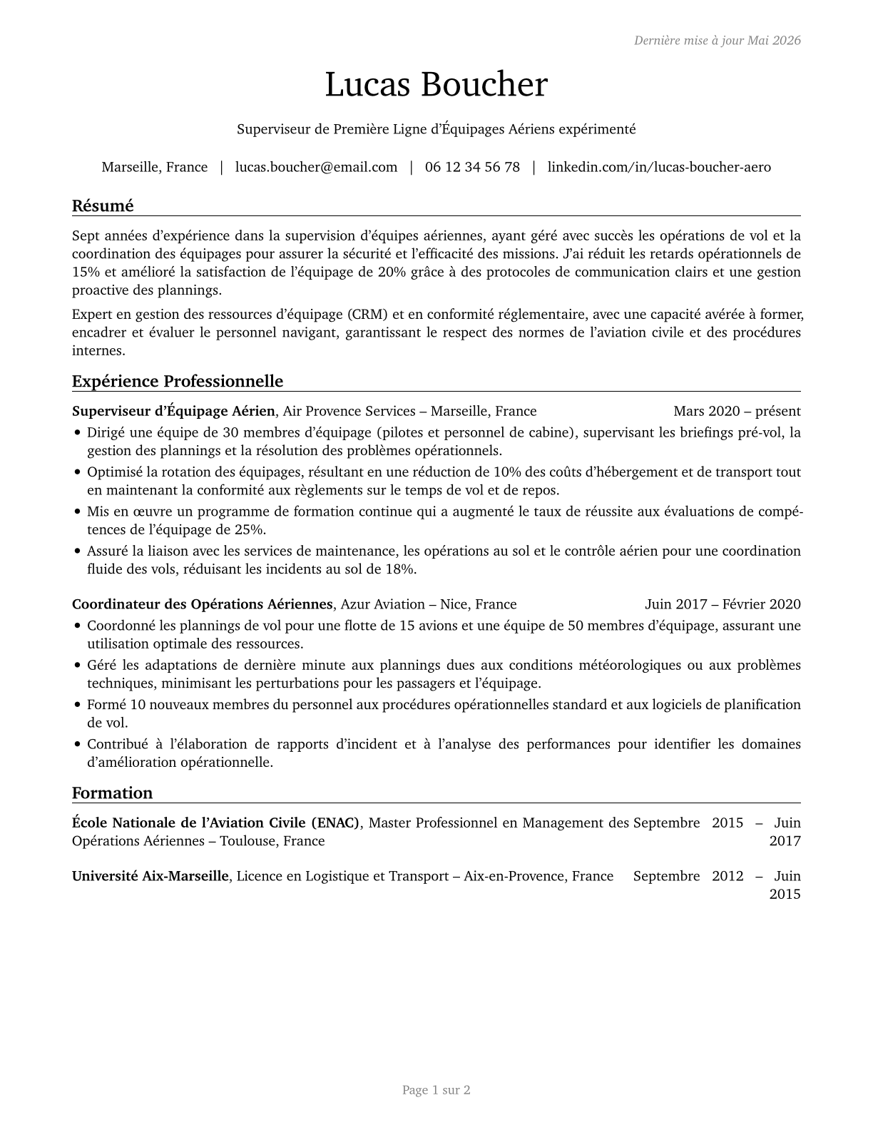 First-Line Supervisors of Air Crew Members CV in French — page 1