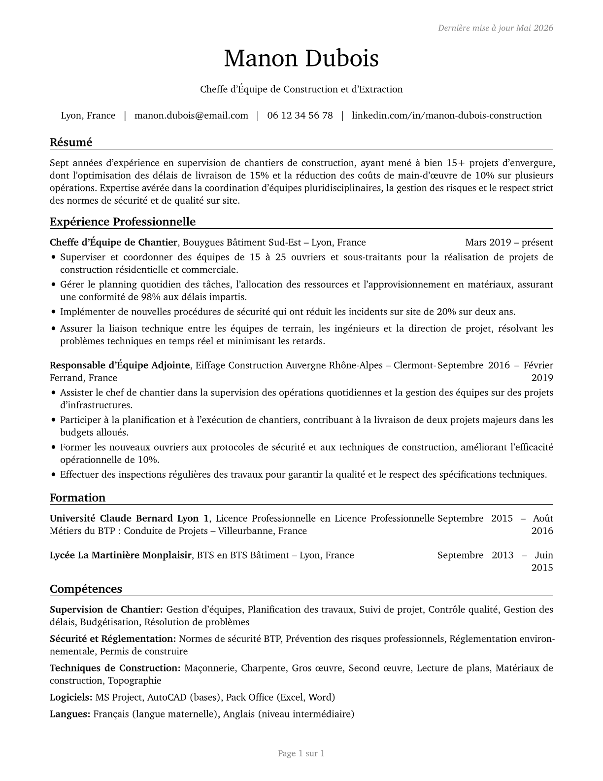 First-Line Supervisors of Construction Trades and Extraction Workers CV in French — page 1