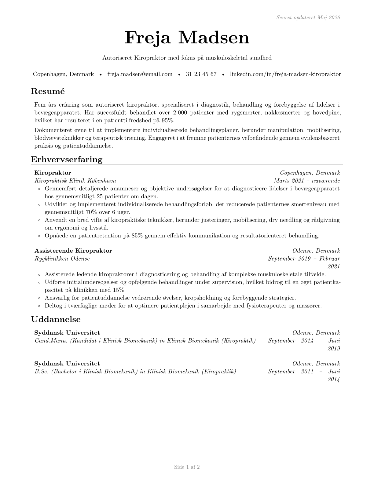 Chiropractors CV in Danish — page 1
