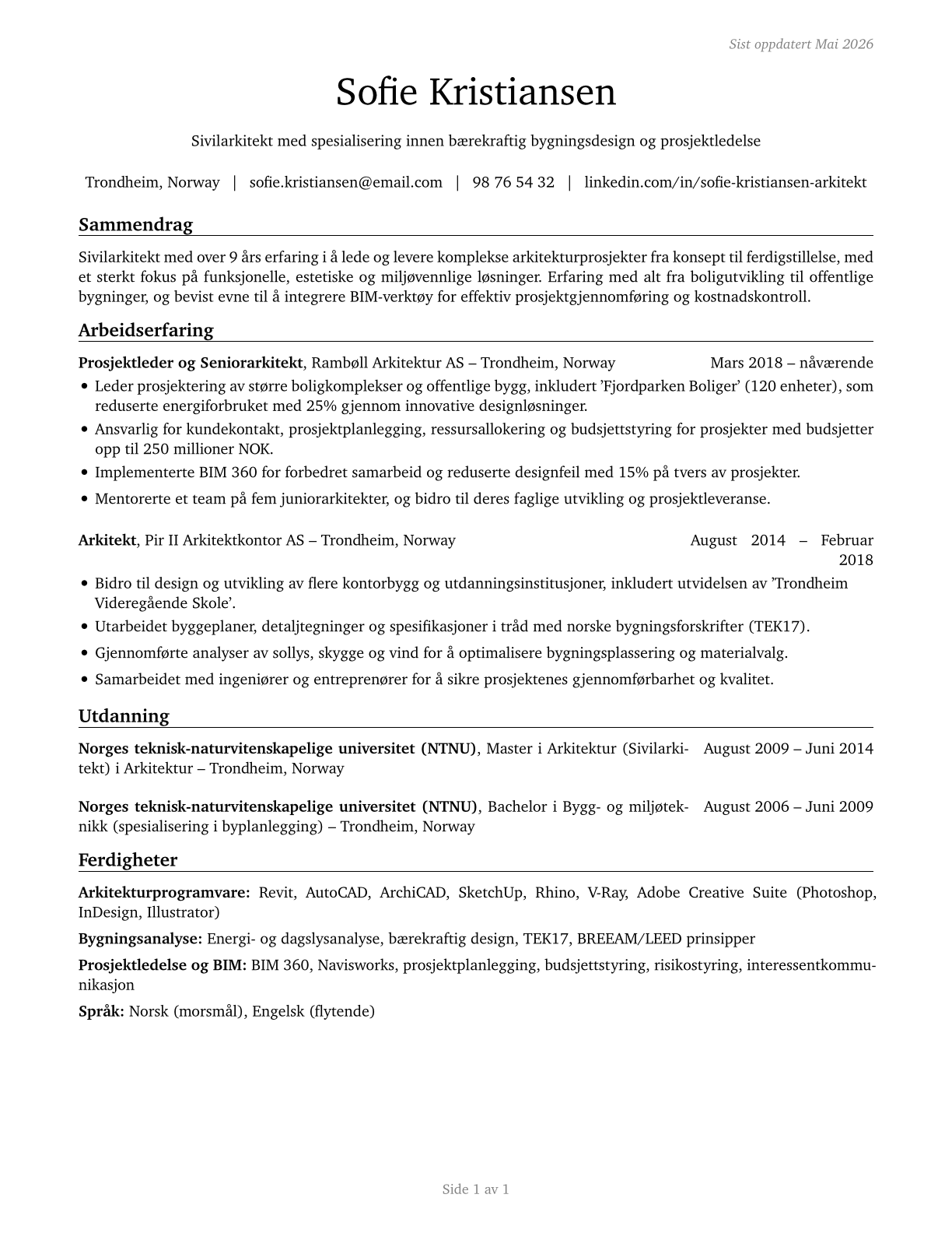 Architects, Except Landscape and Naval CV in Norwegian_bokmal — page 1