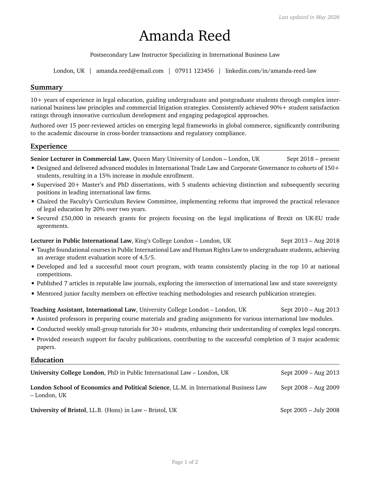 Law Teachers, Postsecondary CV in English — page 1