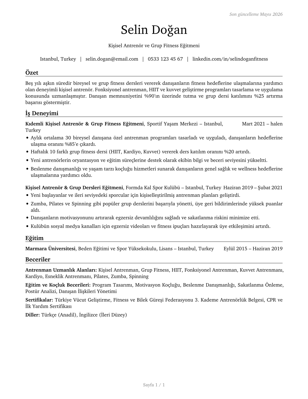 Exercise Trainers and Group Fitness Instructors CV in Turkish — page 1