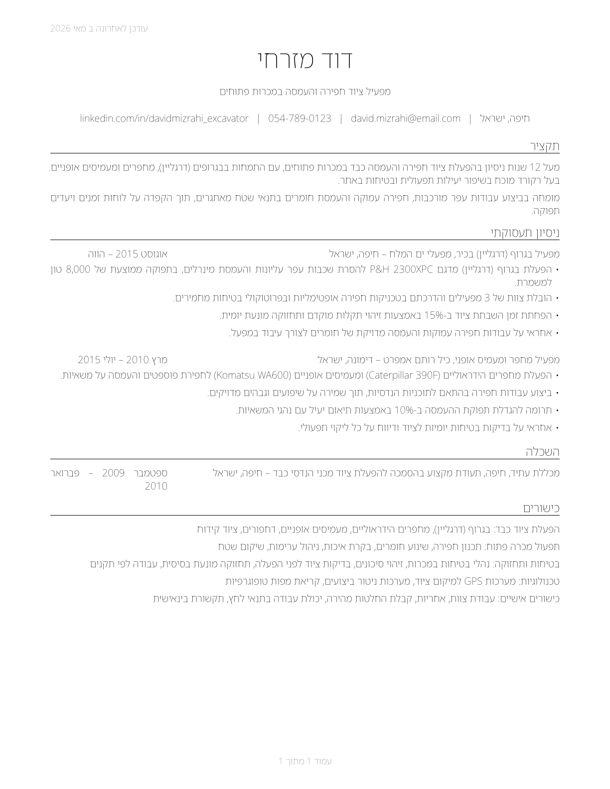 Excavating and Loading Machine and Dragline Operators, Surface Mining CV in Hebrew — page 1