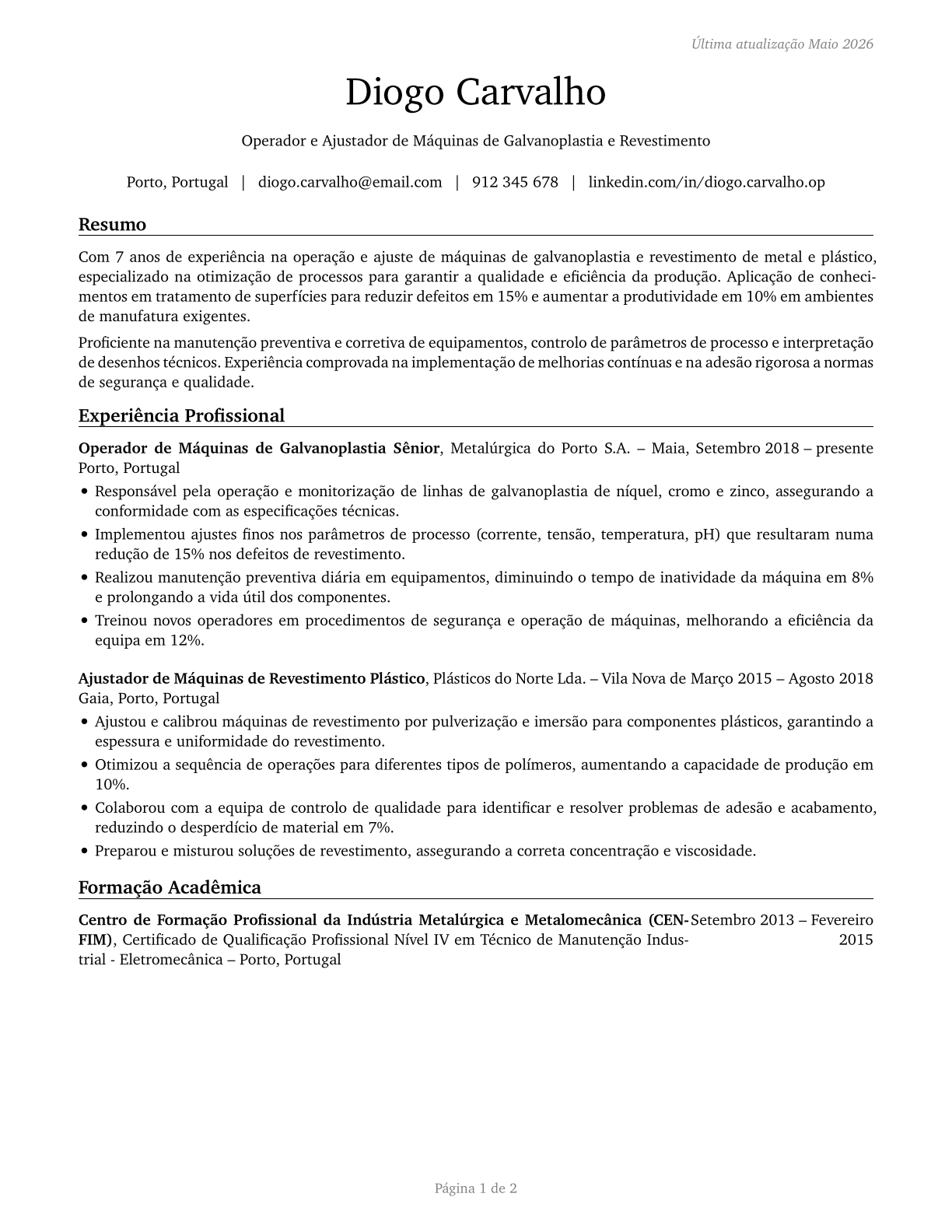 Plating Machine Setters, Operators, and Tenders, Metal and Plastic CV in Portuguese — page 1