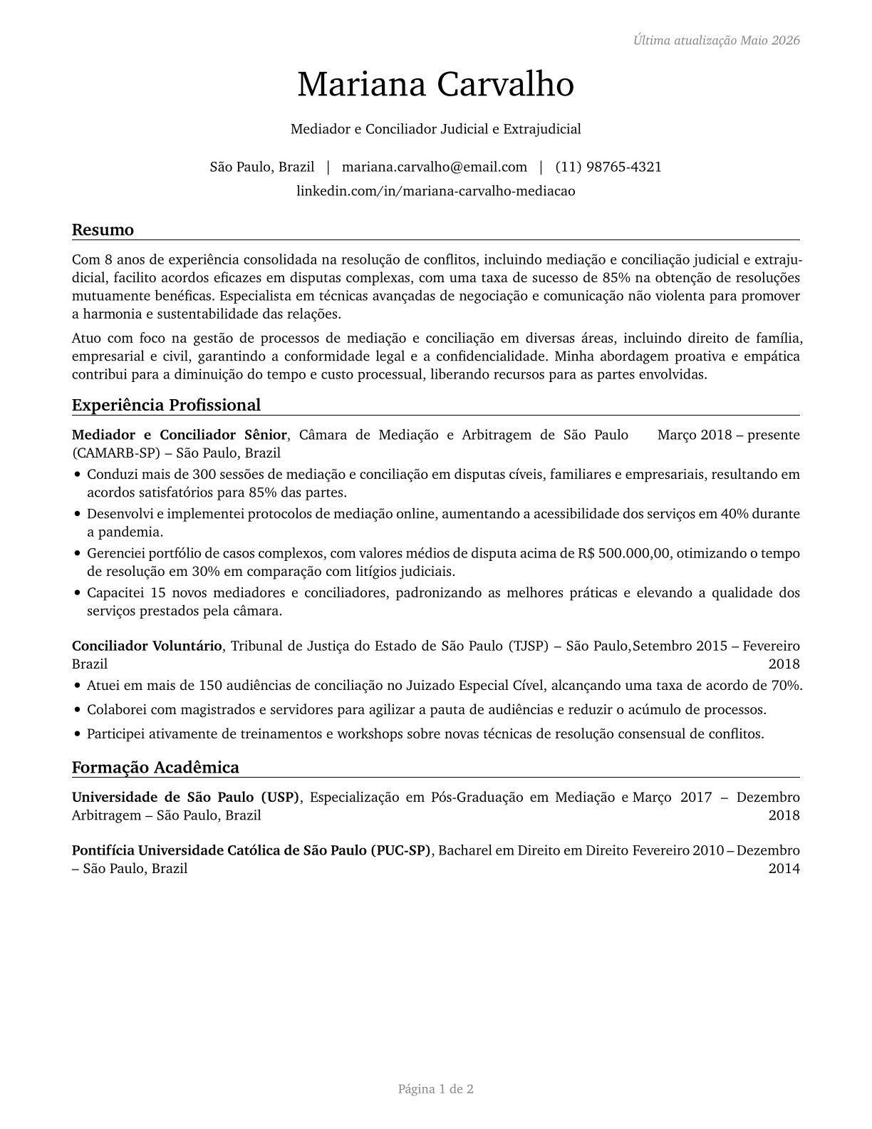 Arbitrators, Mediators, and Conciliators CV in Portuguese — page 1