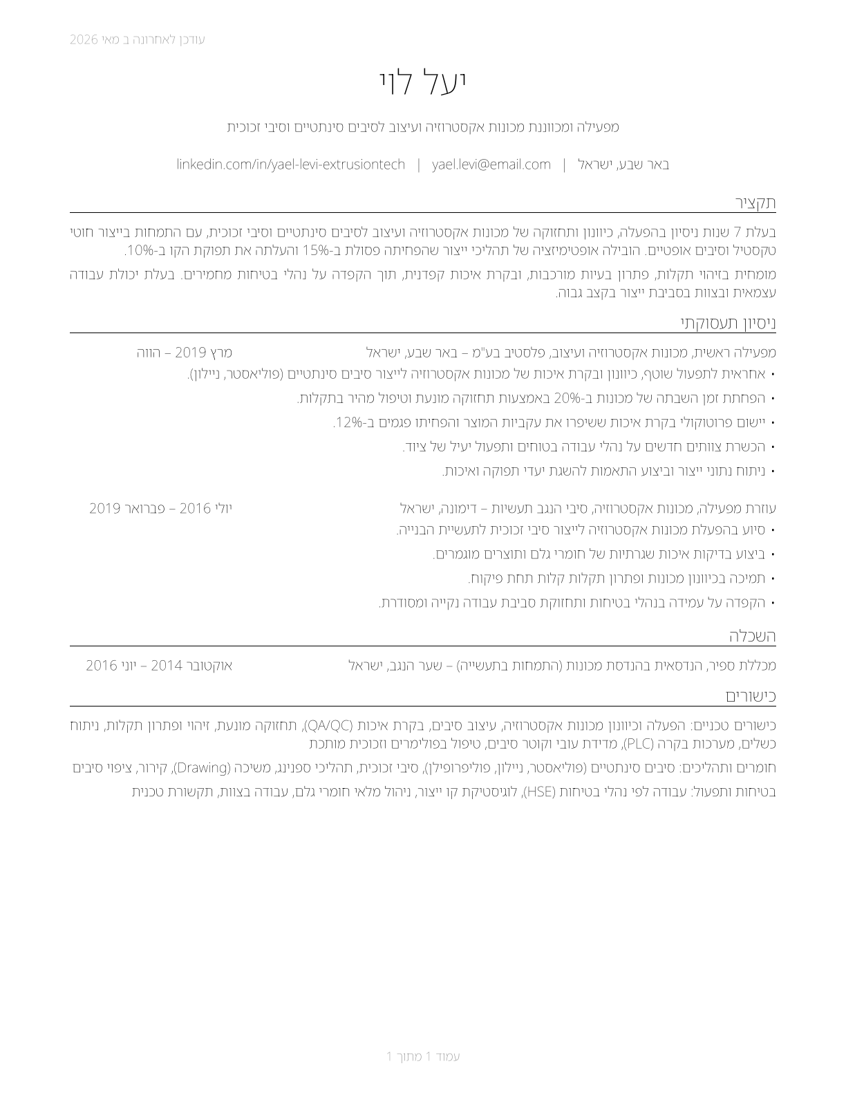 Extruding and Forming Machine Setters, Operators, and Tenders, Synthetic and Glass Fibers CV in Hebrew — page 1