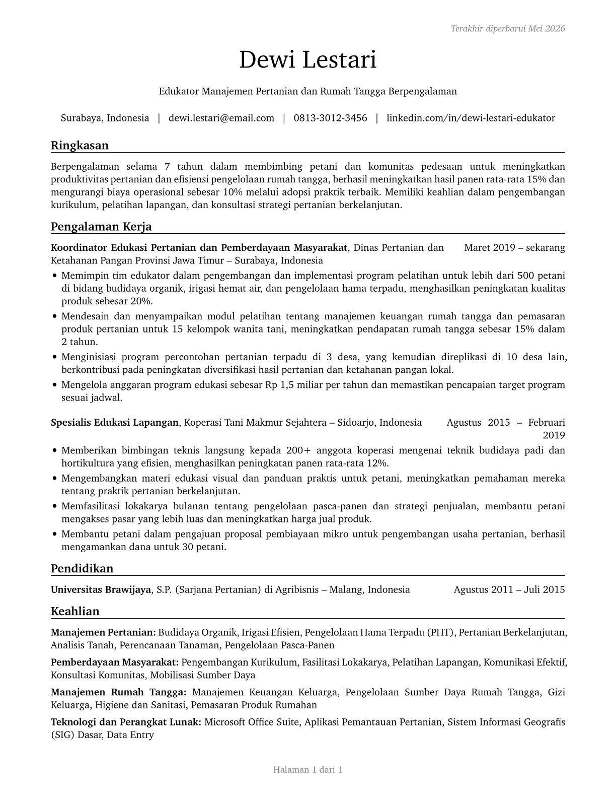 Farm and Home Management Educators CV in Indonesian — page 1
