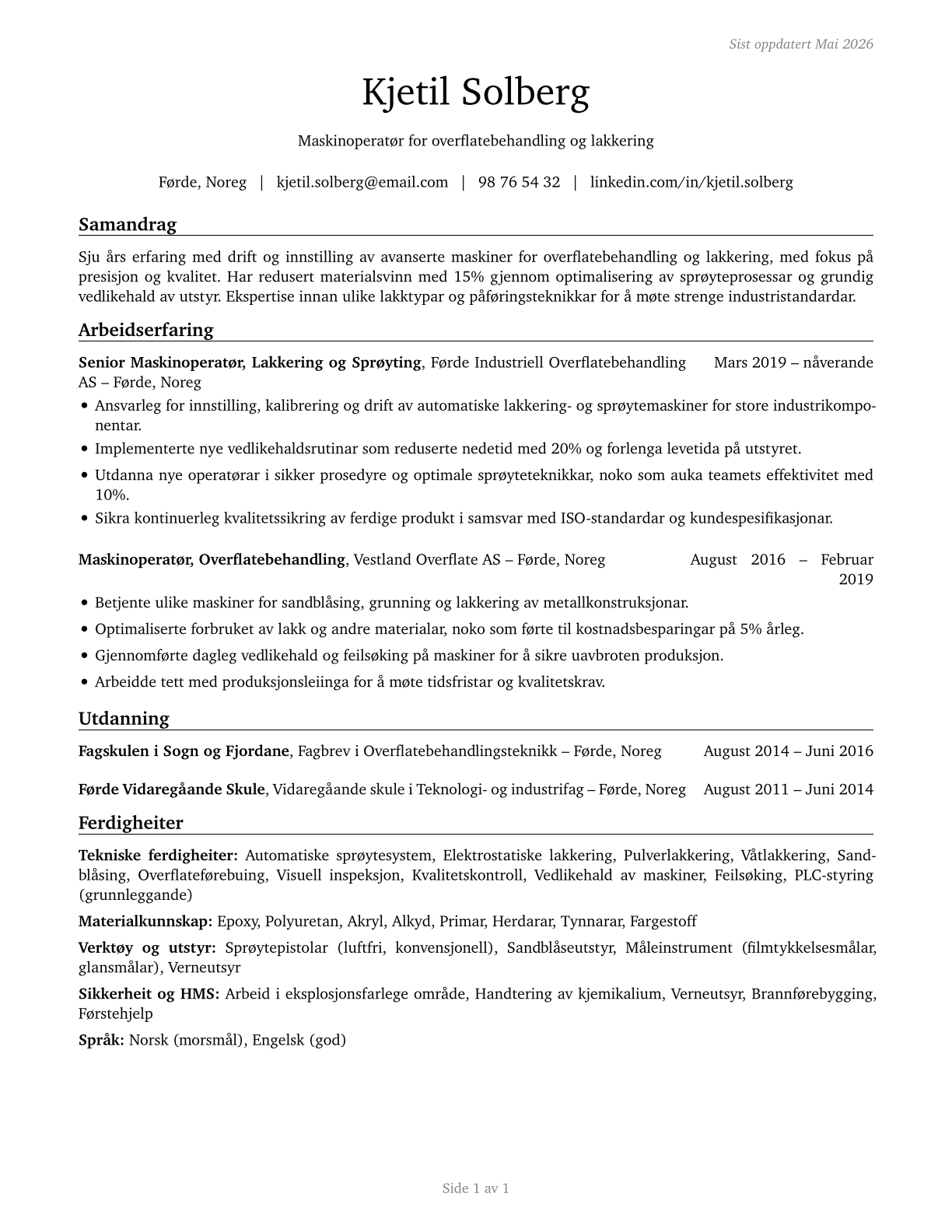 Coating, Painting, and Spraying Machine Setters, Operators, and Tenders CV in Norwegian_nynorsk — page 1