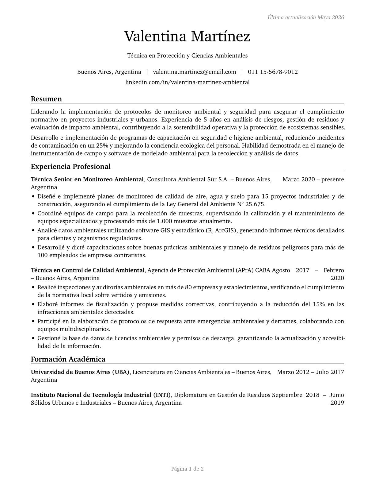 Environmental Science and Protection Technicians, Including Health CV in Spanish — page 1