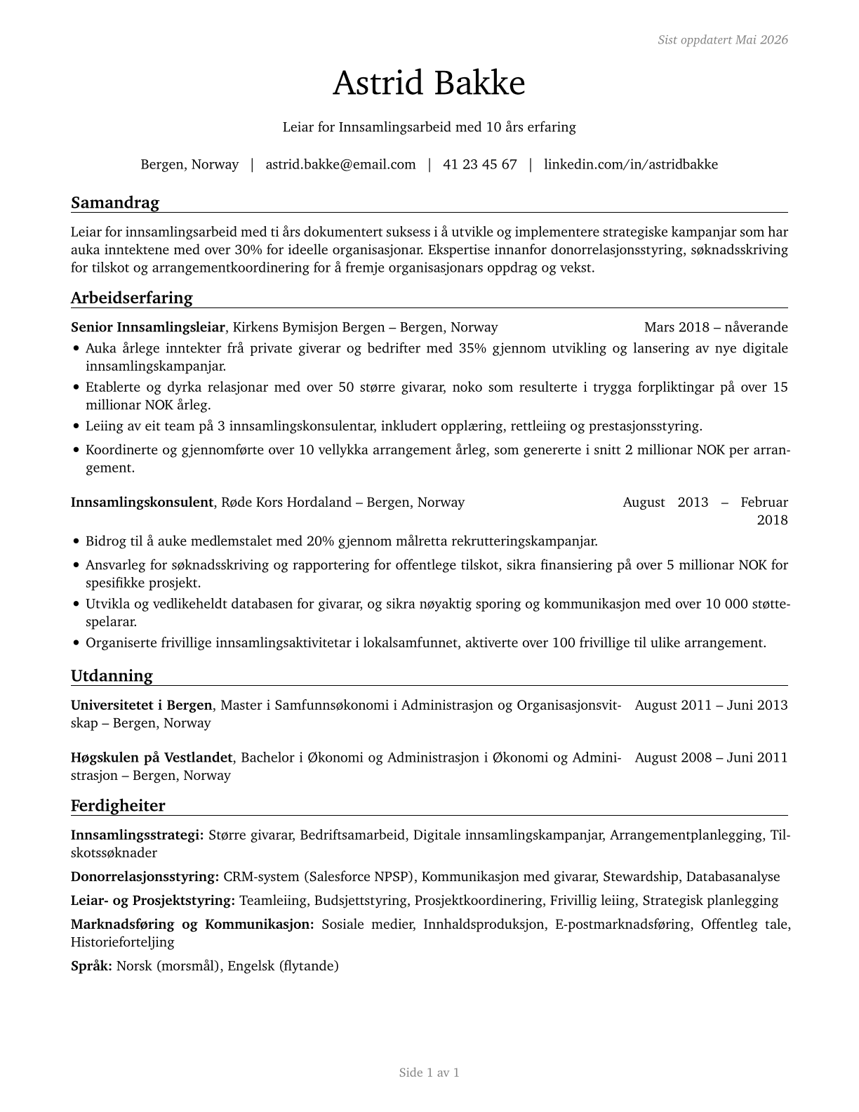 Fundraising Managers CV in Norwegian_nynorsk — page 1