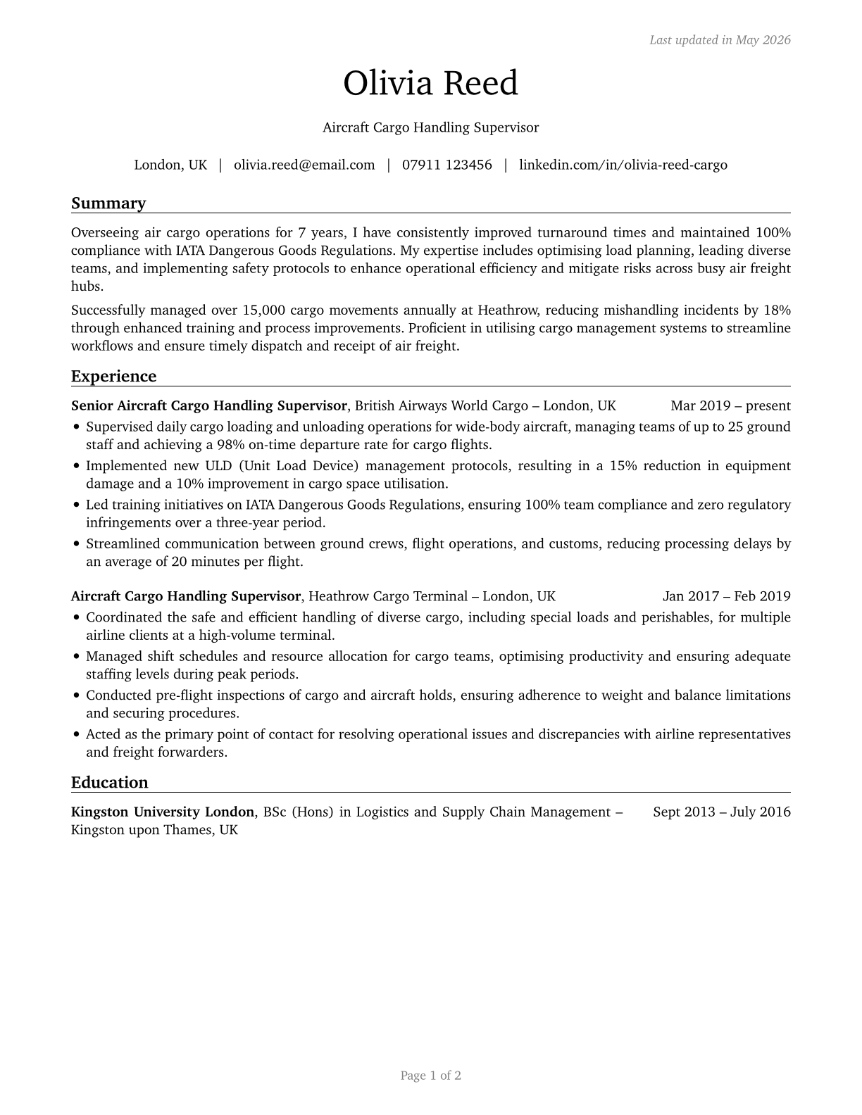 Aircraft Cargo Handling Supervisors CV in English — page 1