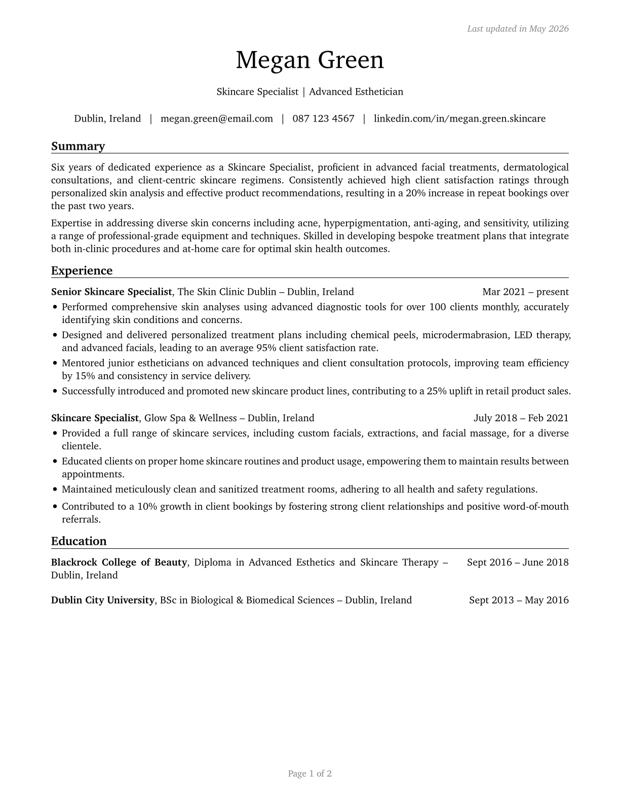 Skincare Specialists CV in English — page 1