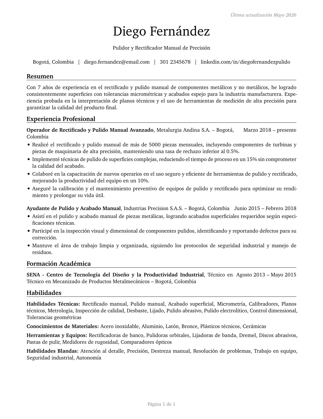 Grinding and Polishing Workers, Hand CV in Spanish — page 1