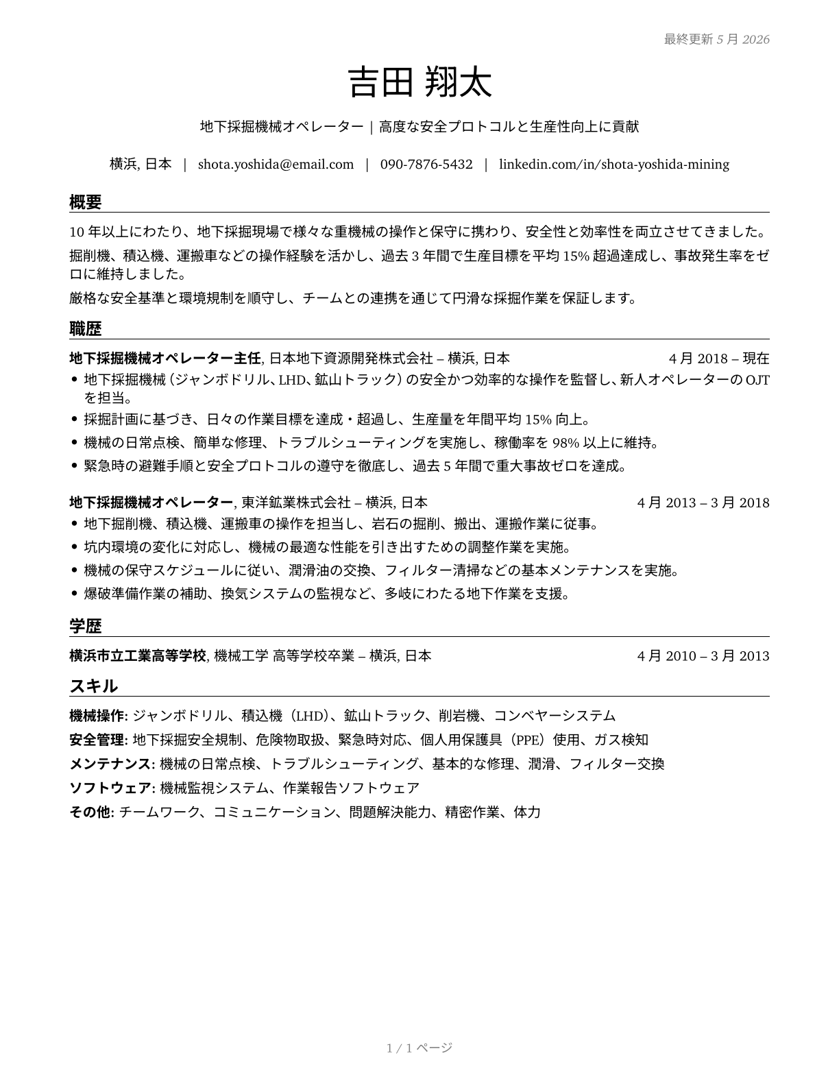 Underground Mining Machine Operators, All Other CV in Japanese — page 1