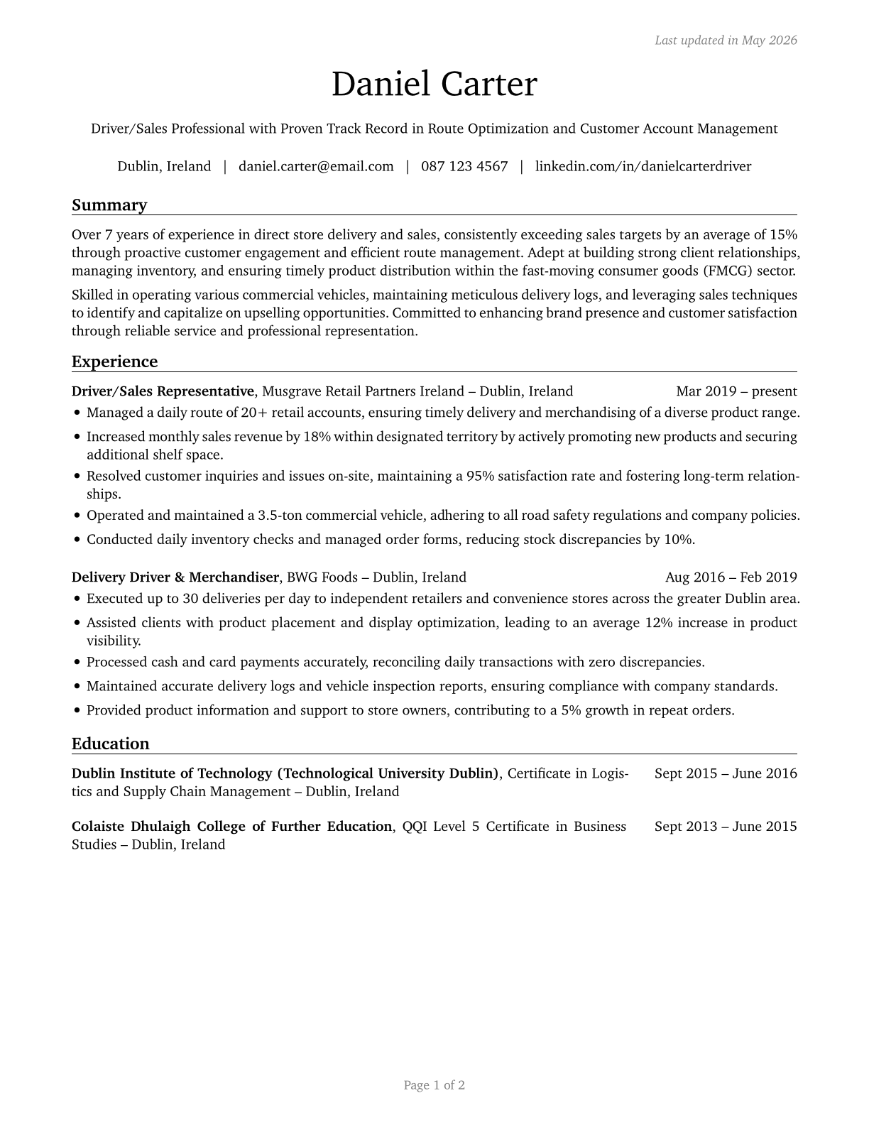 Driver/Sales Workers CV in English — page 1