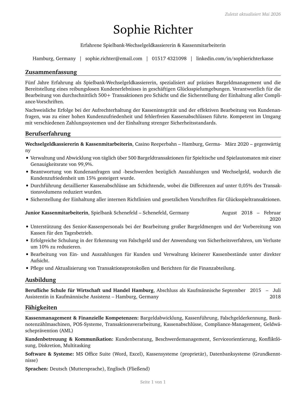 Gambling Change Persons and Booth Cashiers CV in German — page 1