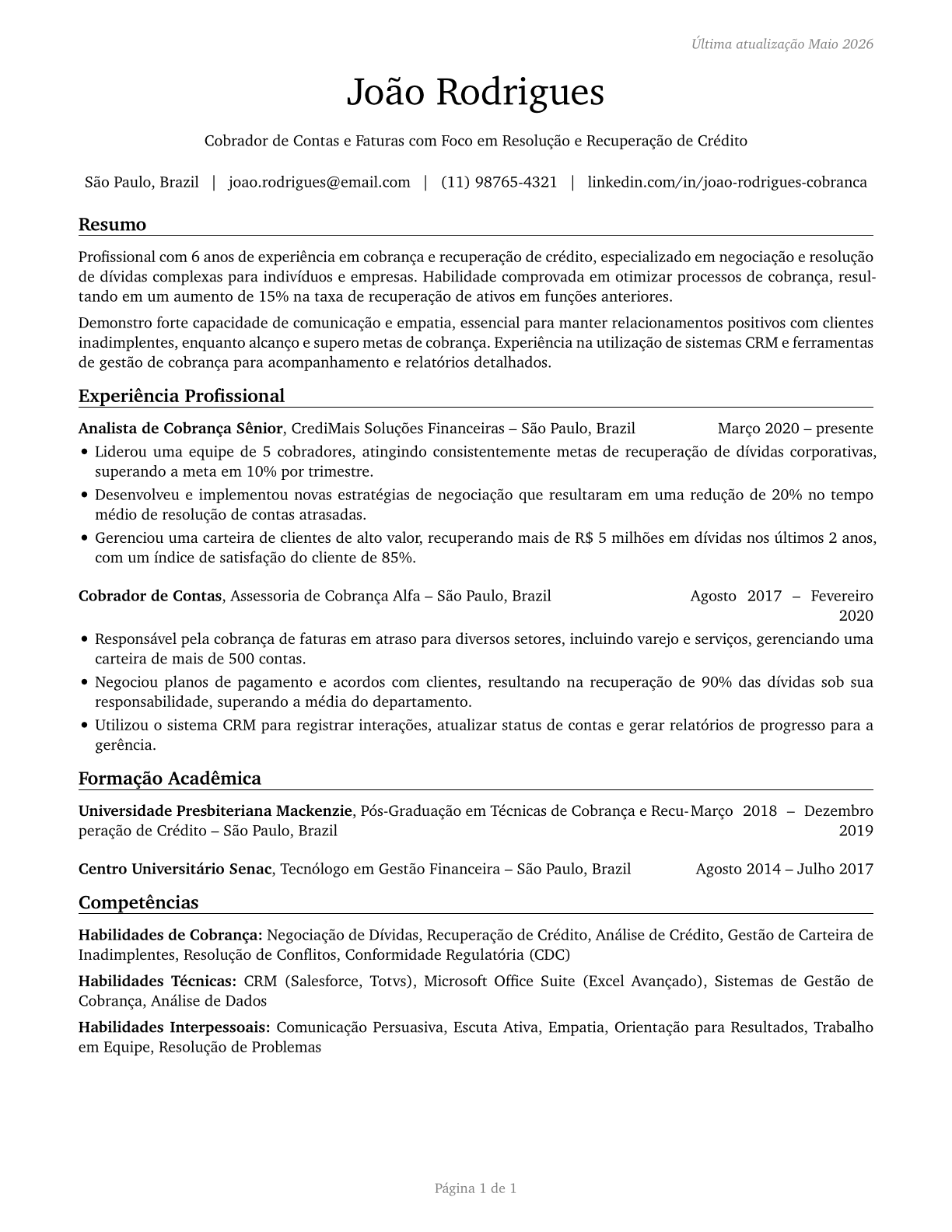 Bill and Account Collectors CV in Portuguese — page 1