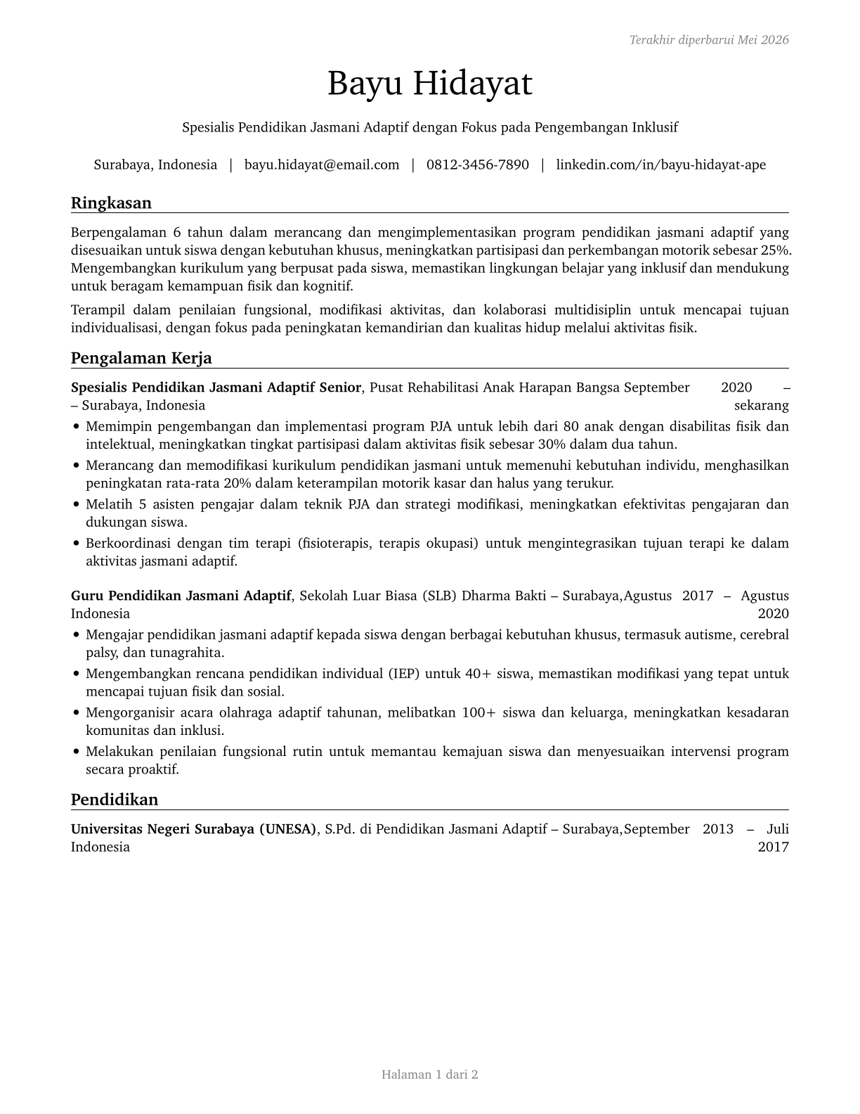 Adapted Physical Education Specialists CV in Indonesian — page 1