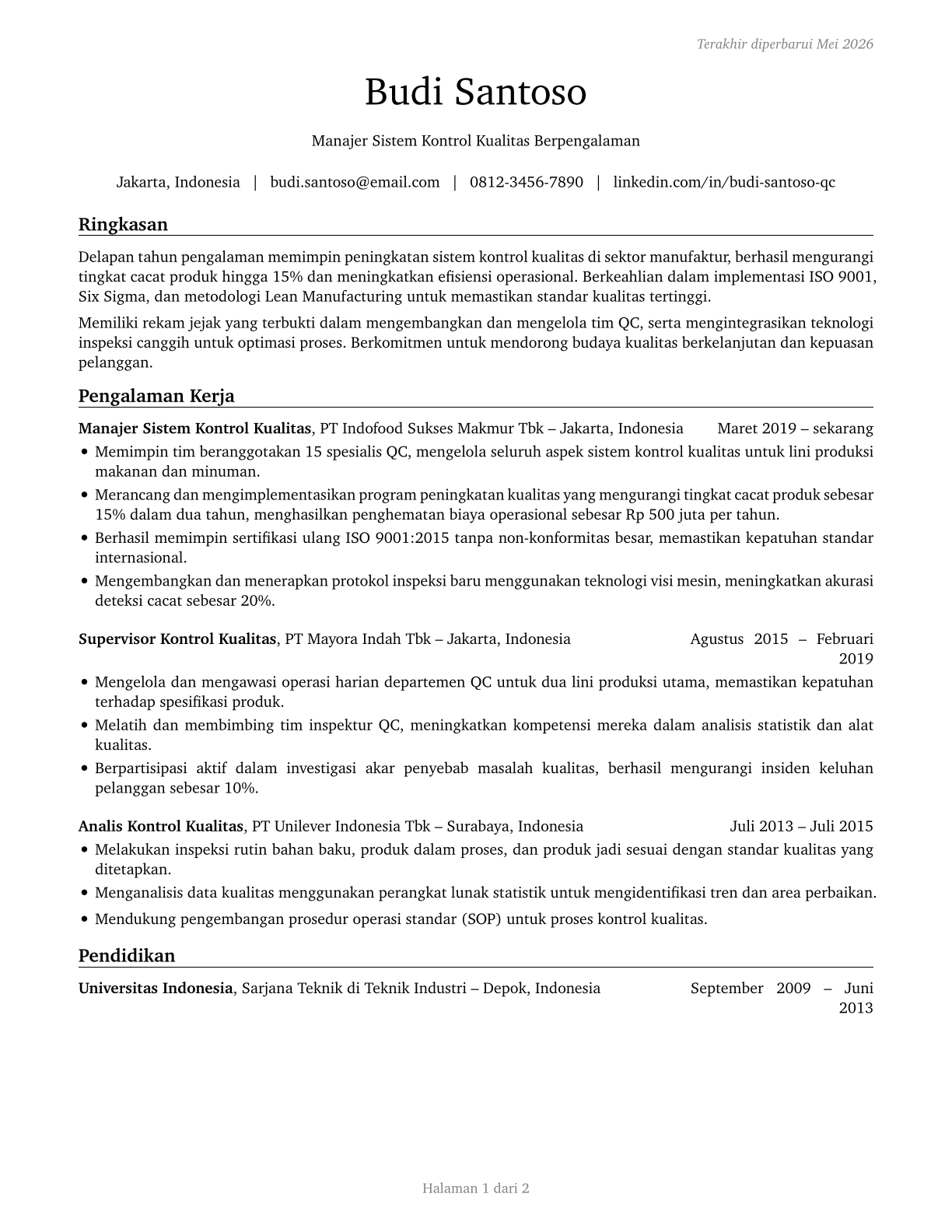 Quality Control Systems Managers CV in Indonesian — page 1
