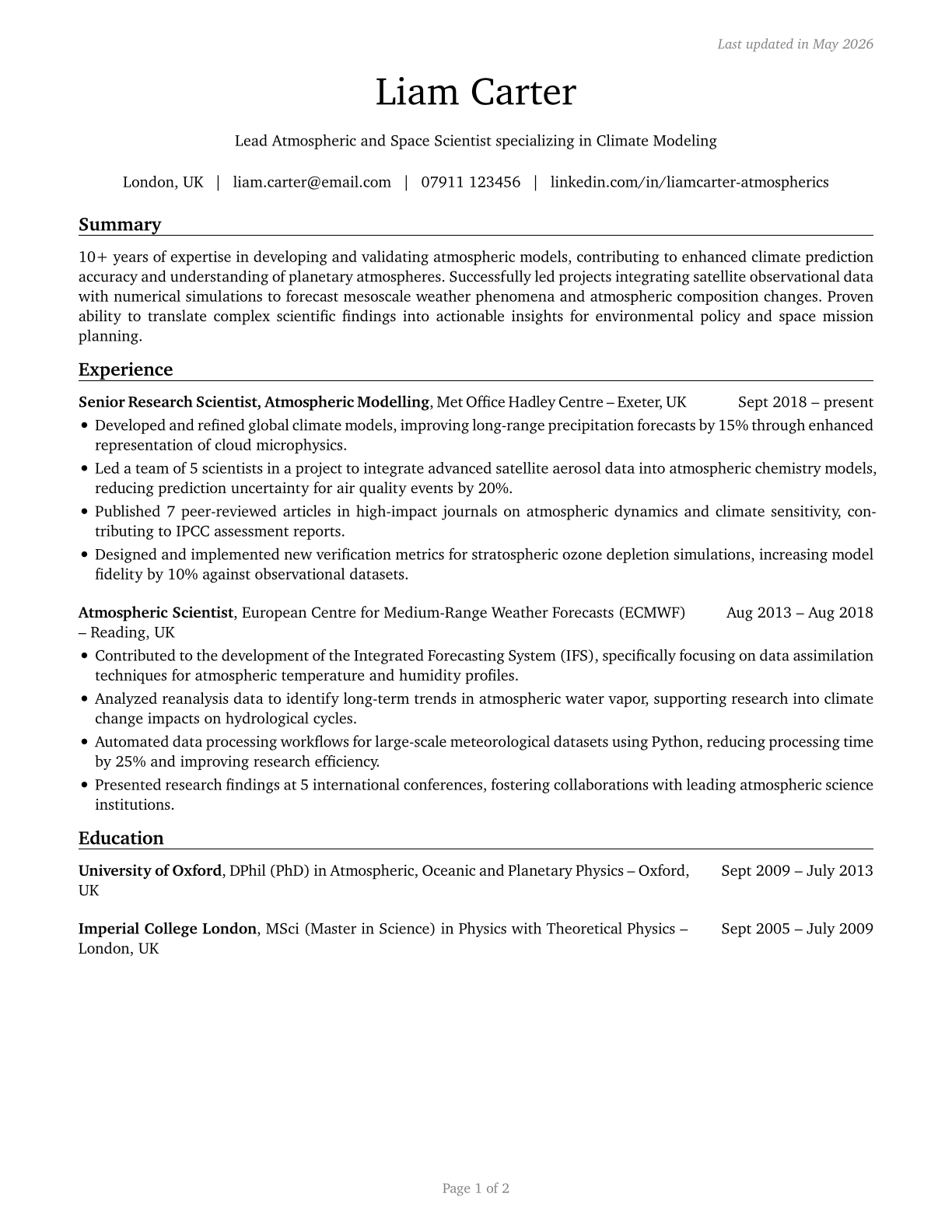 Atmospheric and Space Scientists CV in English — page 1