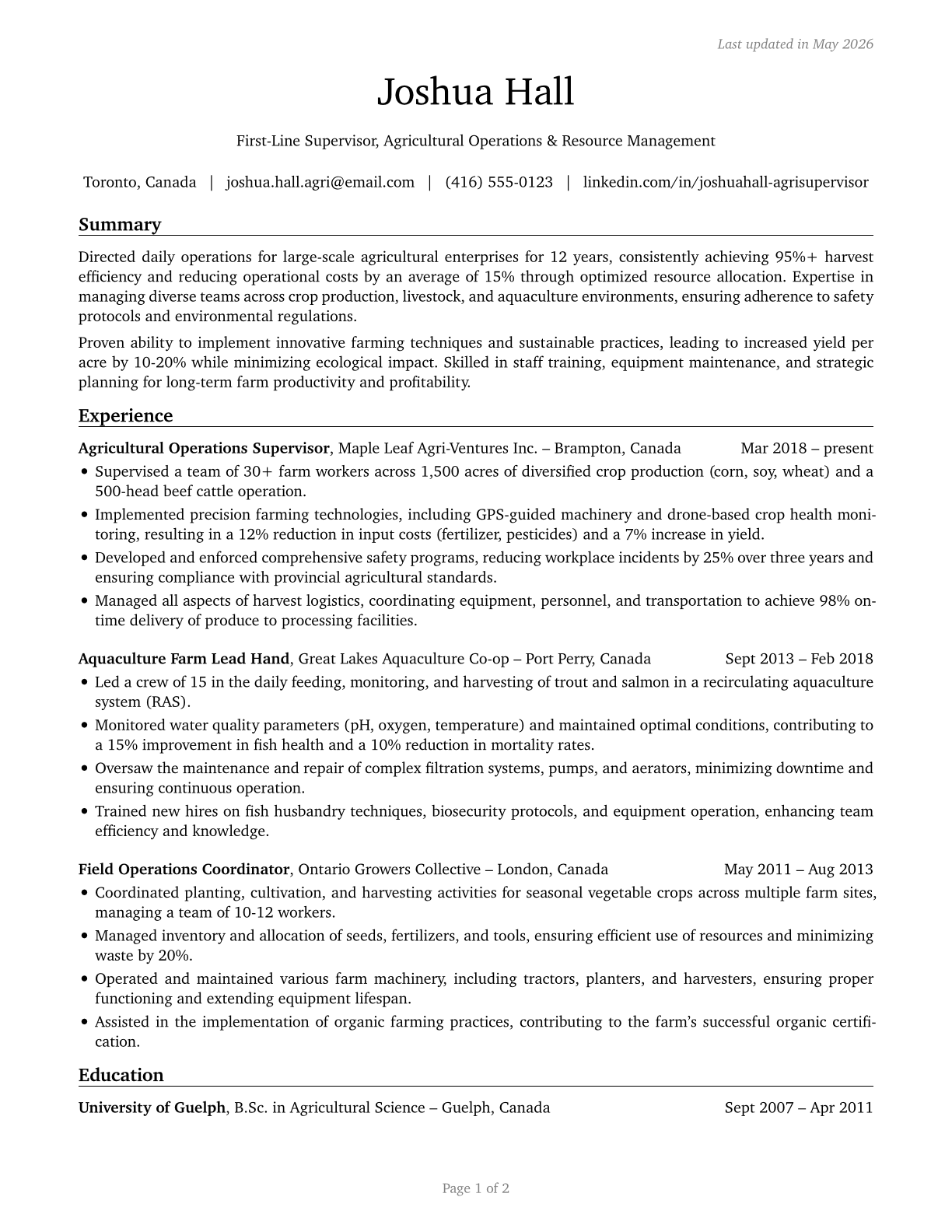 First-Line Supervisors of Farming, Fishing, and Forestry Workers CV in English — page 1