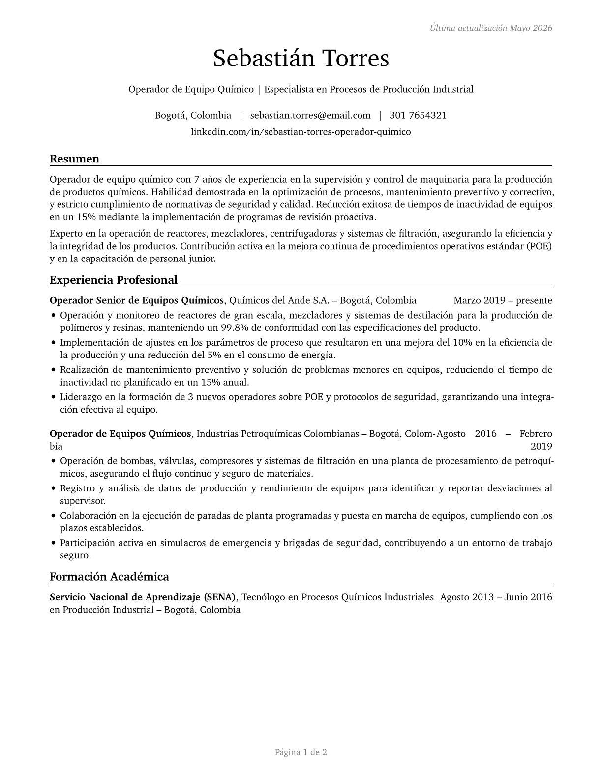 Chemical Equipment Operators and Tenders CV in Spanish — page 1