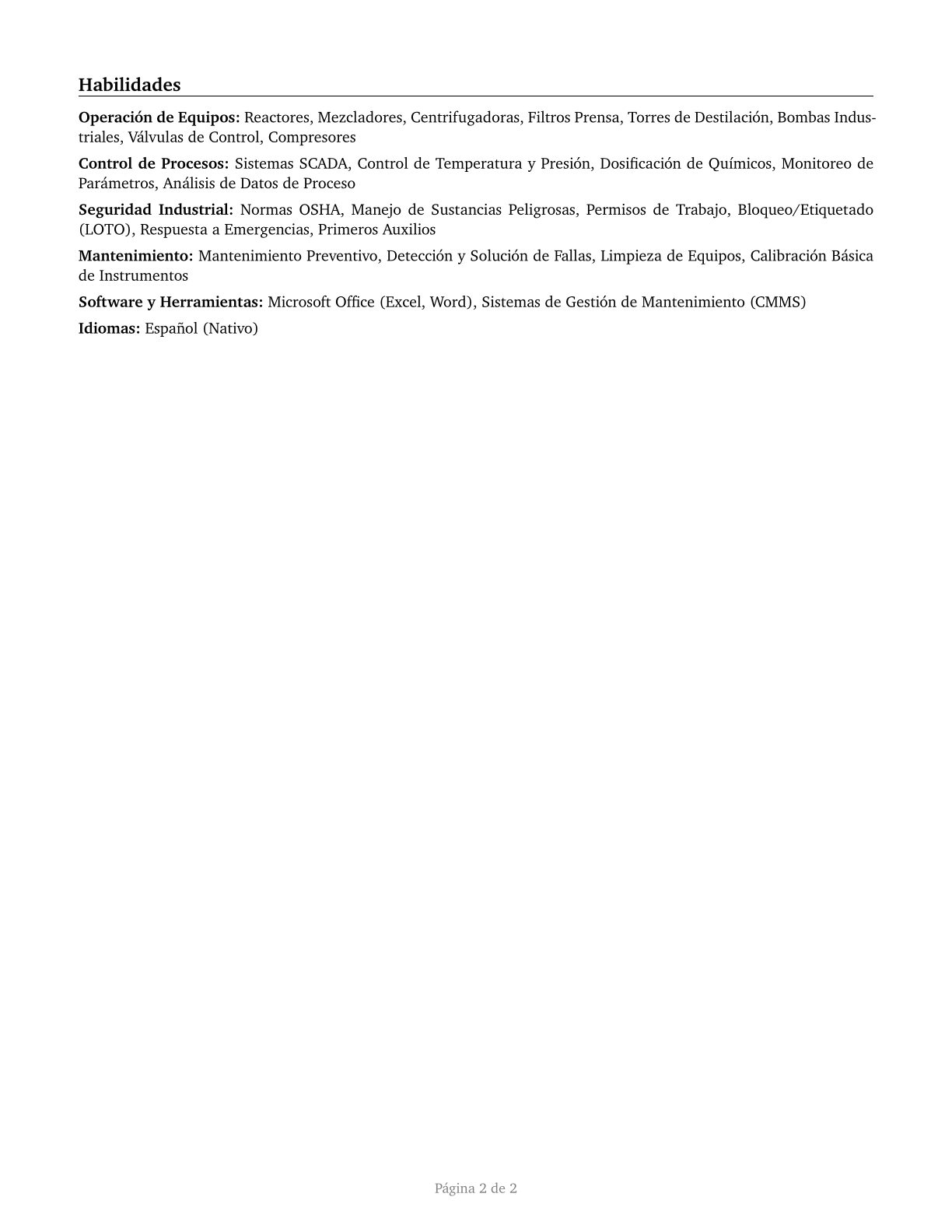 Chemical Equipment Operators and Tenders CV in Spanish — page 2