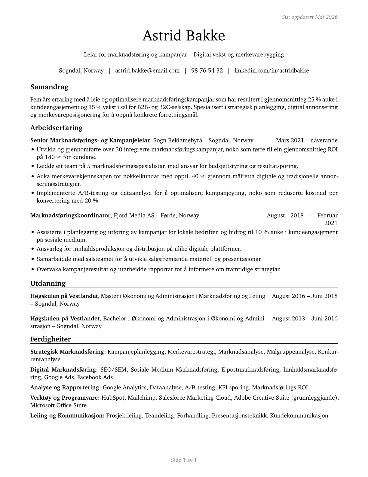 Advertising and Promotions Managers CV in Norwegian_nynorsk — page 1
