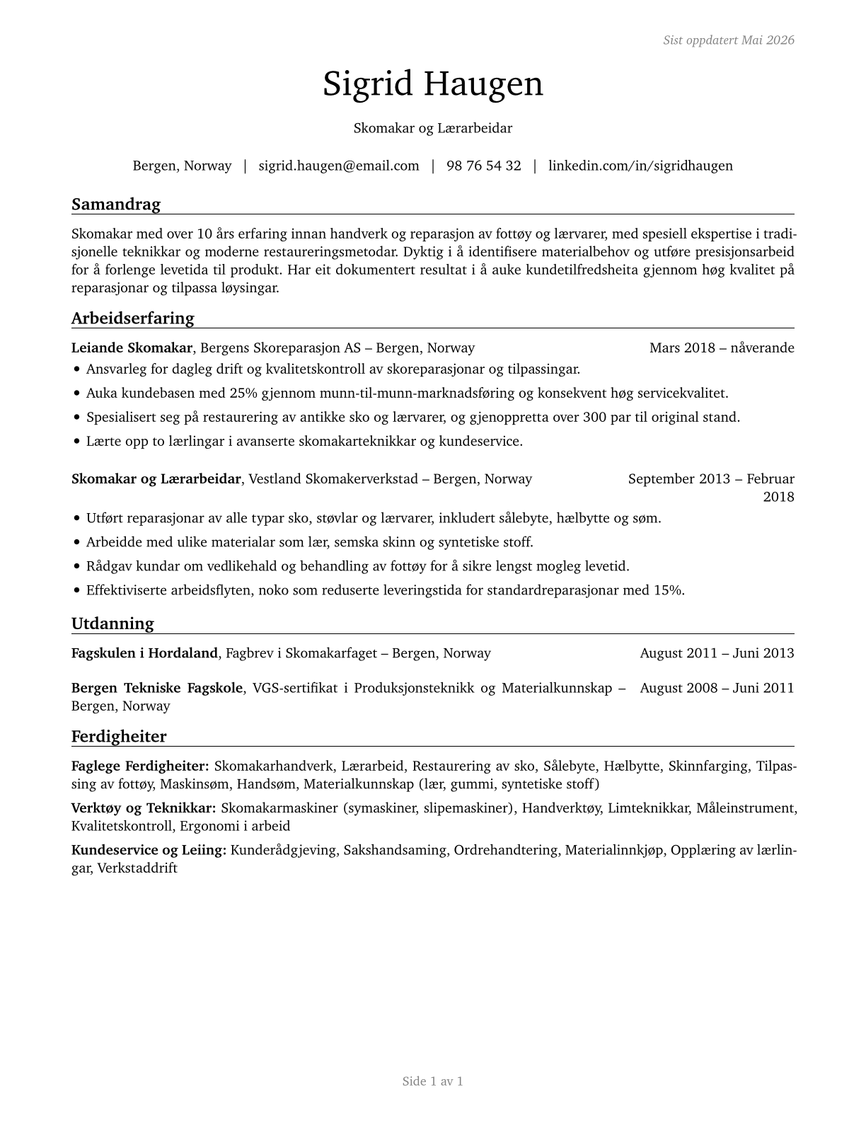 Shoe and Leather Workers and Repairers CV in Norwegian_nynorsk — page 1