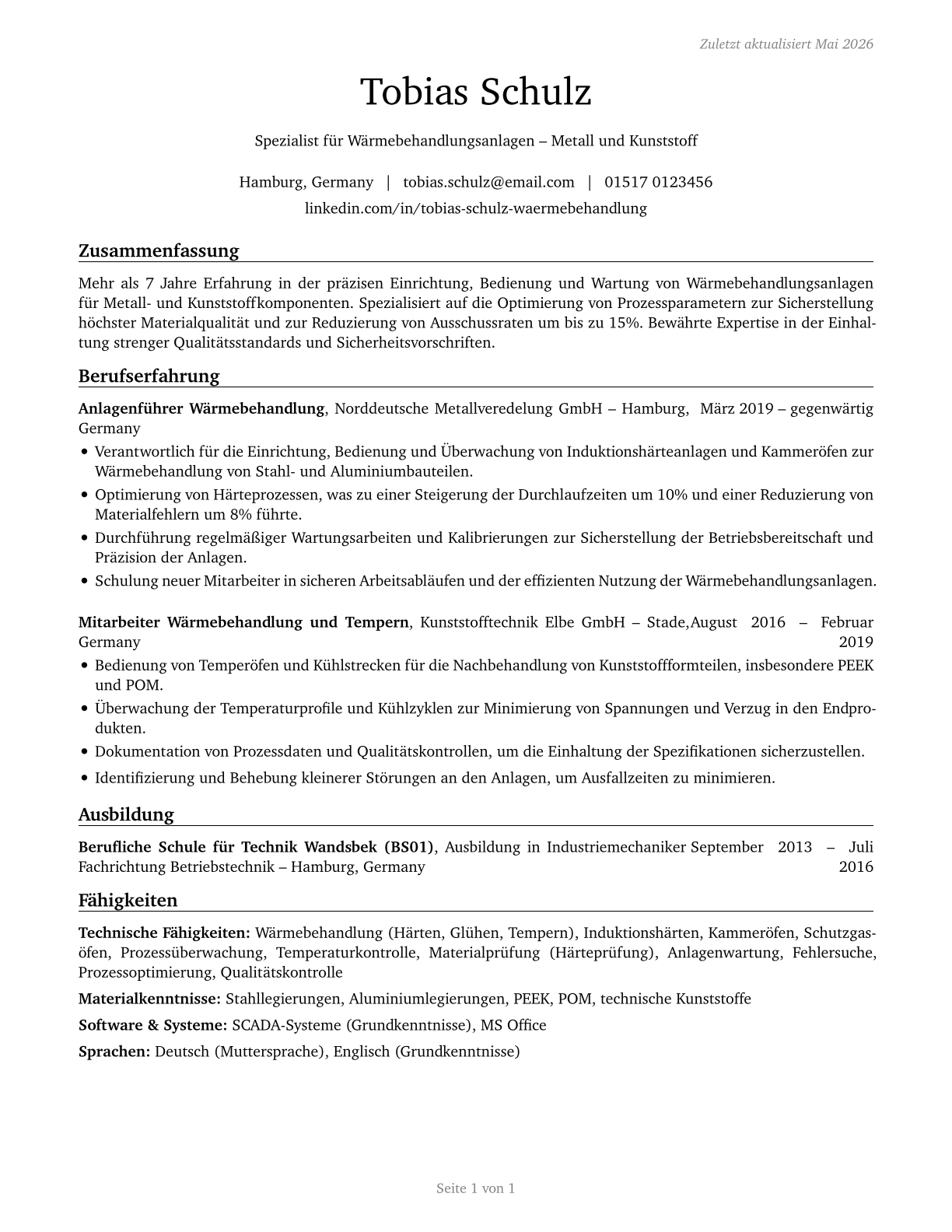 Heat Treating Equipment Setters, Operators, and Tenders, Metal and Plastic CV in German — page 1
