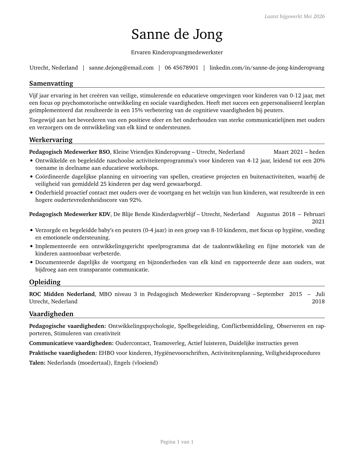 Childcare Workers CV in Dutch — page 1
