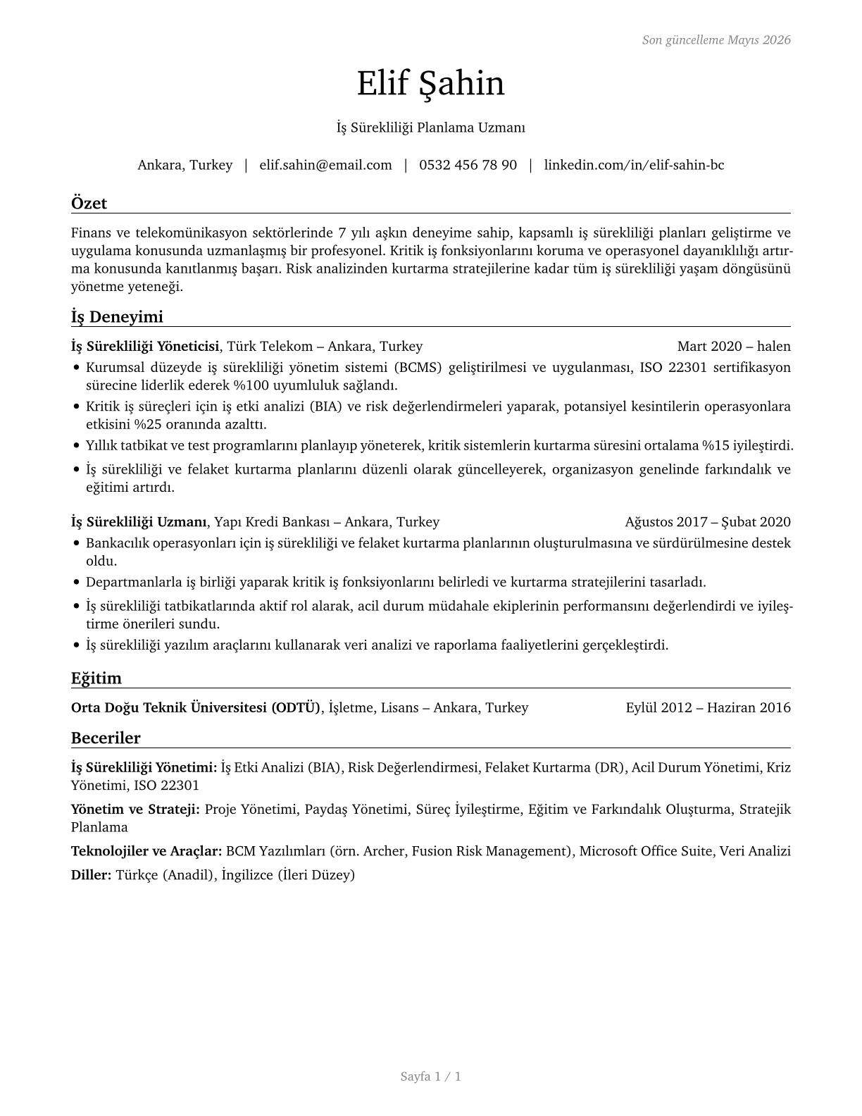Business Continuity Planners CV in Turkish — page 1