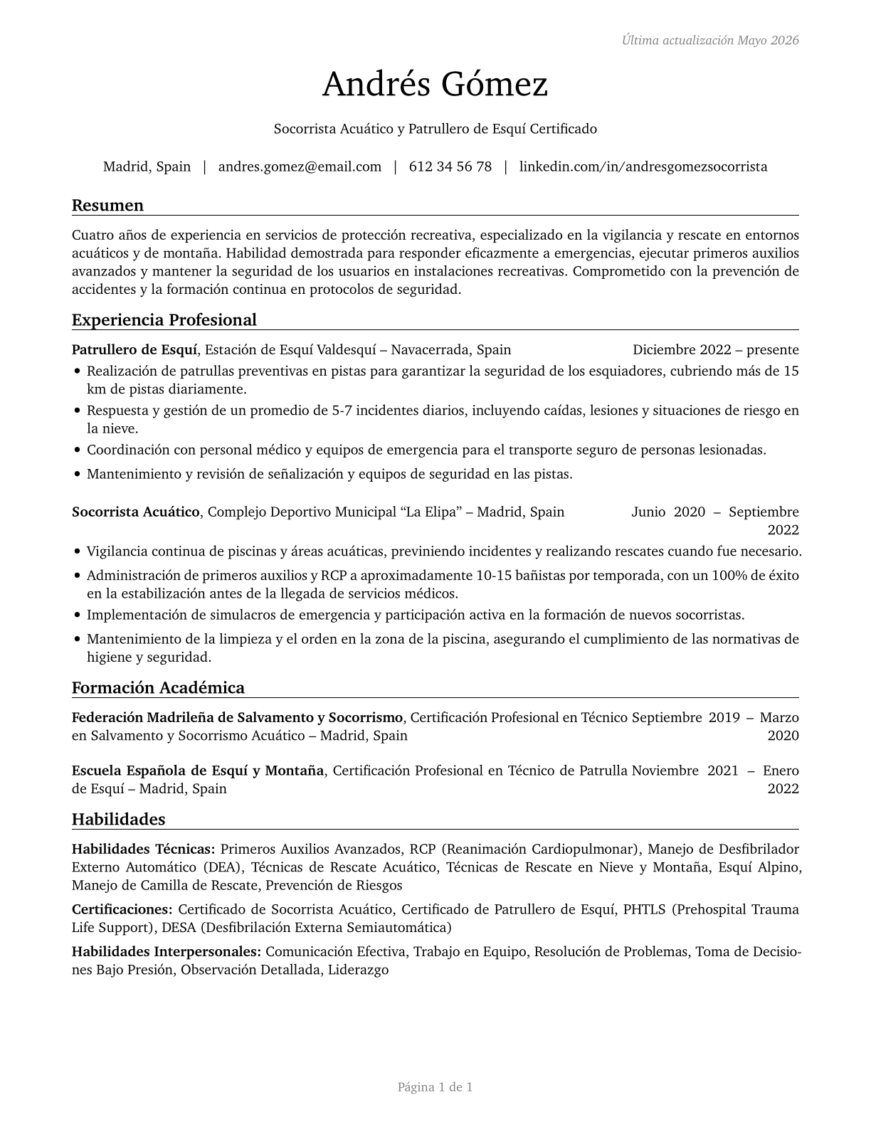 Lifeguards, Ski Patrol, and Other Recreational Protective Service Workers CV in Spanish — page 1