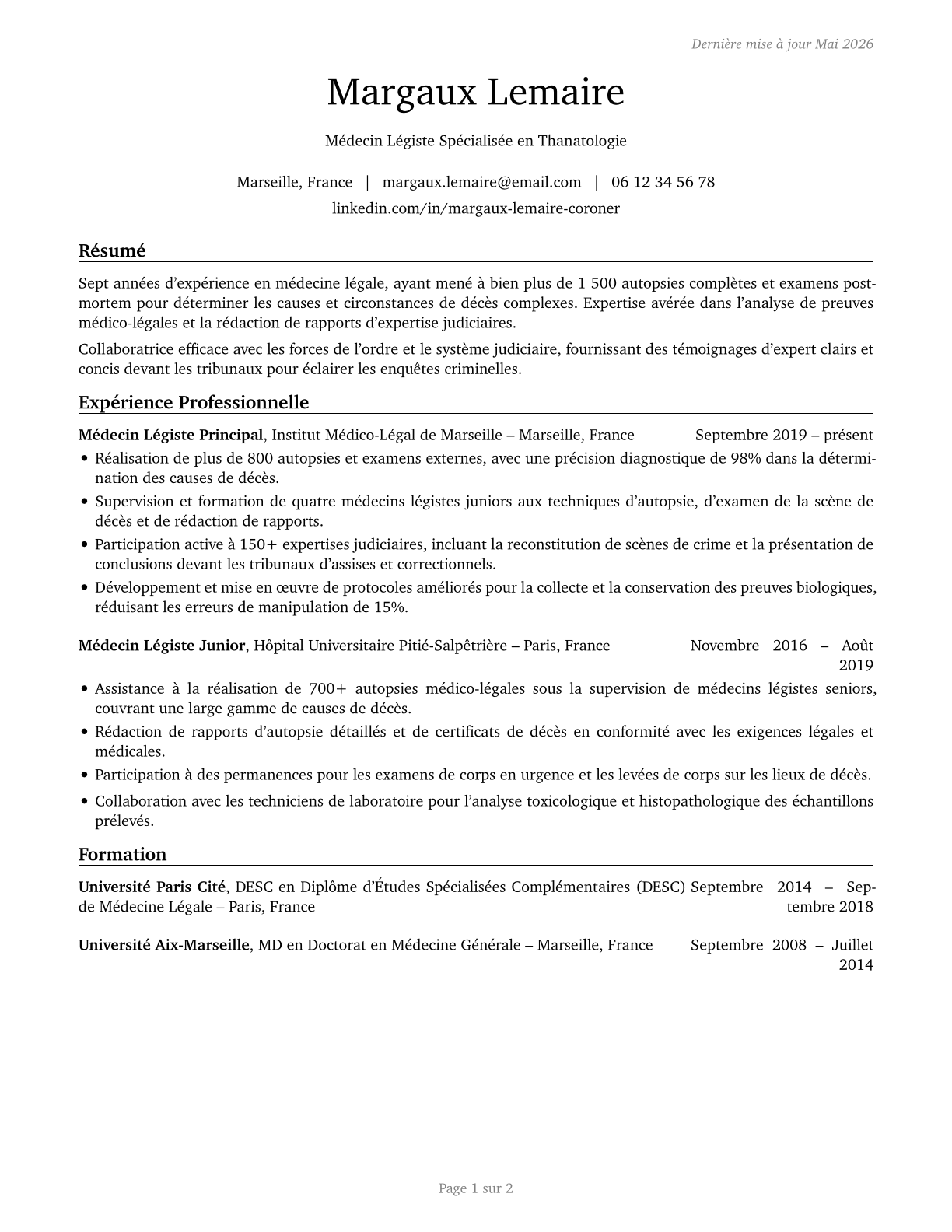 Coroners CV in French — page 1