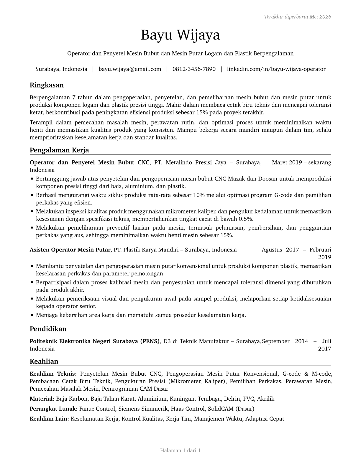 Lathe and Turning Machine Tool Setters, Operators, and Tenders, Metal and Plastic CV in Indonesian — page 1