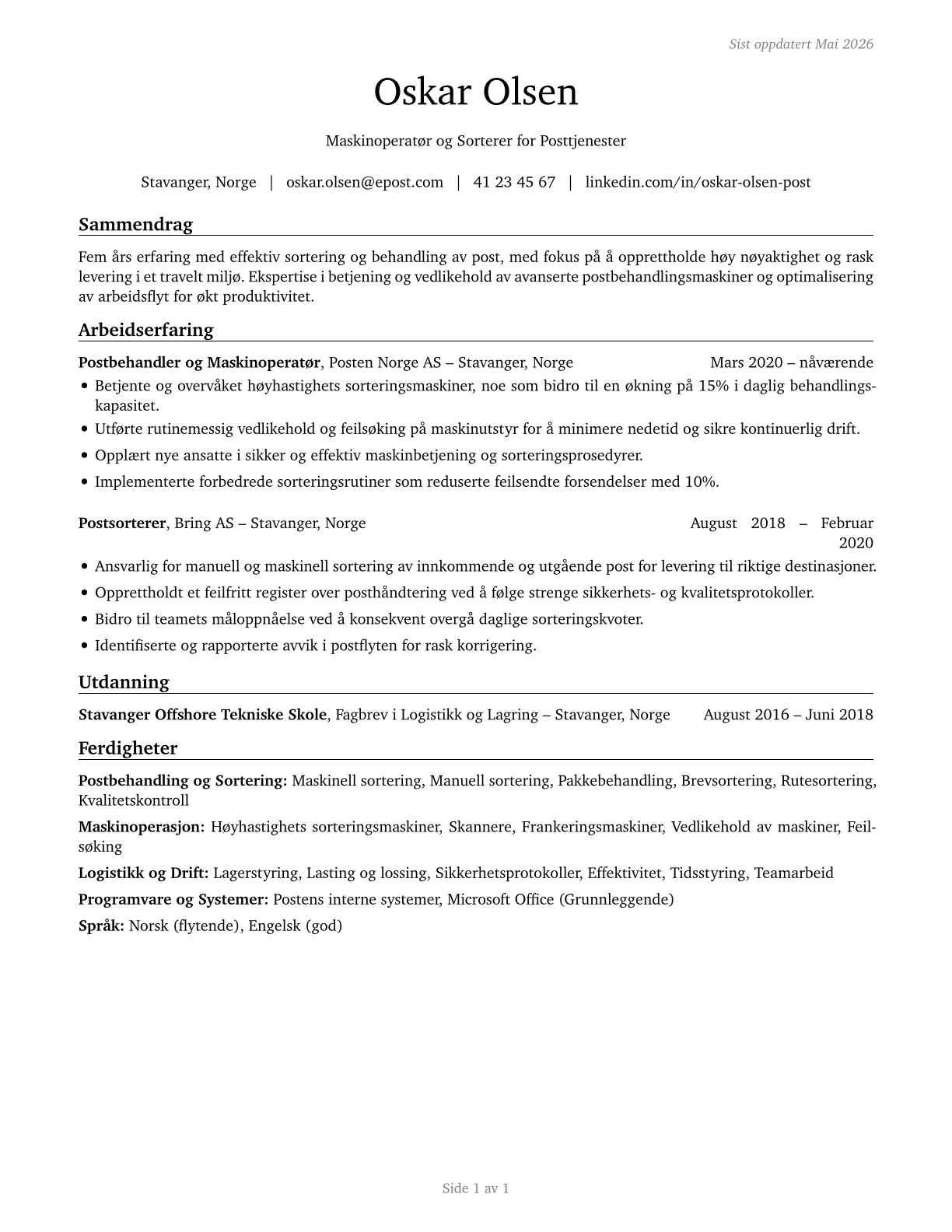Postal Service Mail Sorters, Processors, and Processing Machine Operators CV in Norwegian_bokmal — page 1