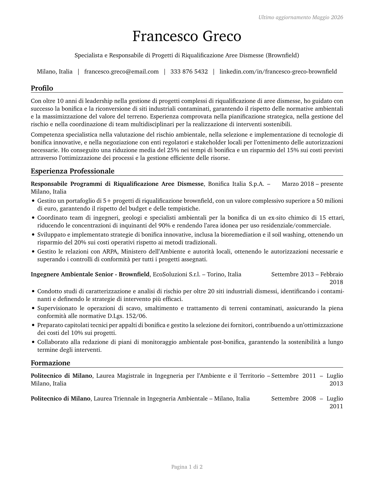 Brownfield Redevelopment Specialists and Site Managers CV in Italian — page 1