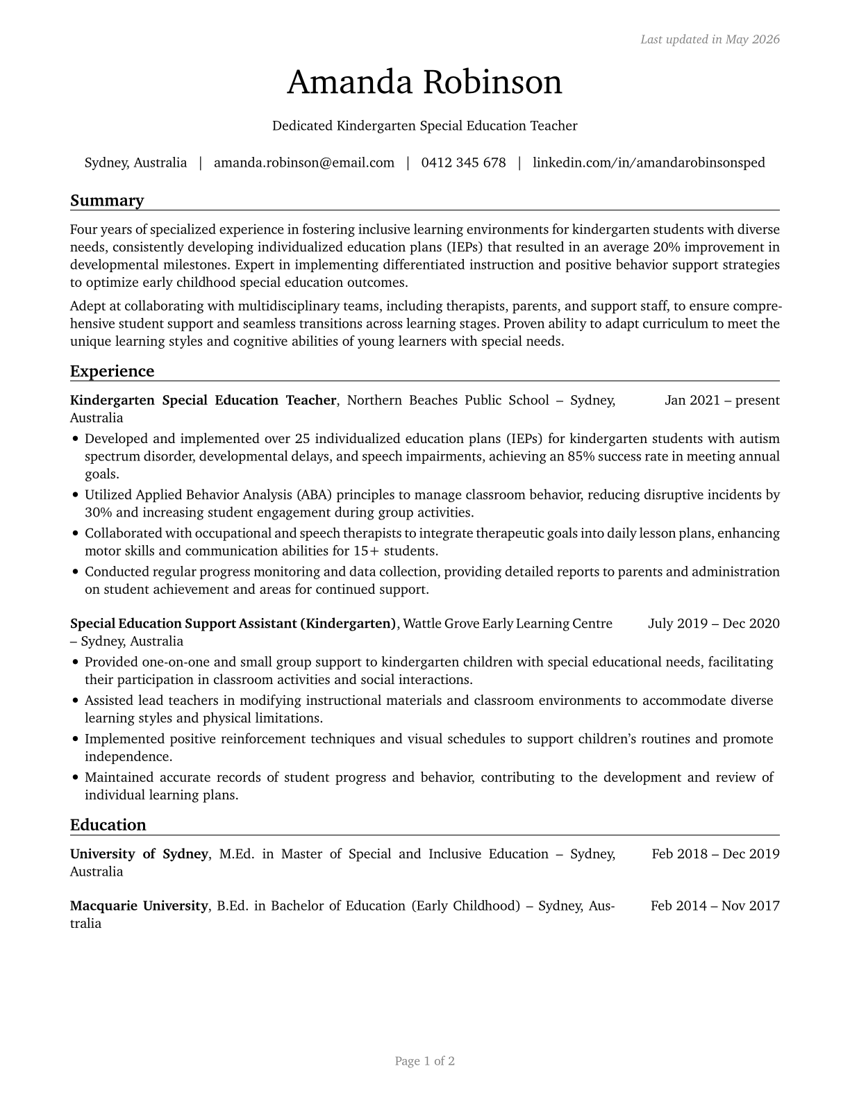 Special Education Teachers, Kindergarten CV in English — page 1